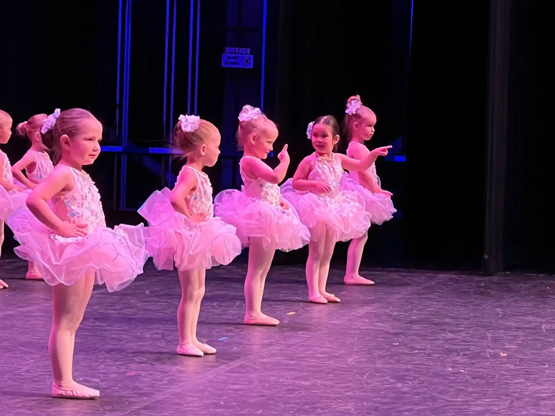a group of girls in dresses dancing on a stage