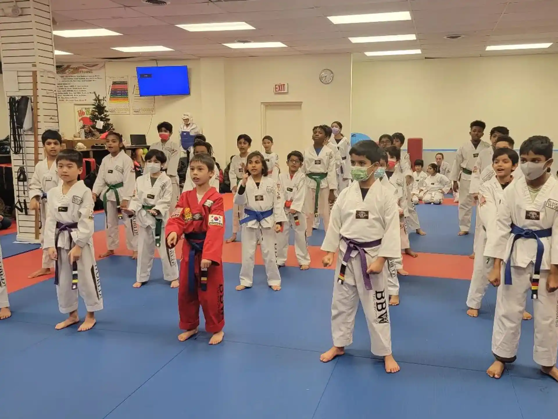 a group of children in karate uniforms