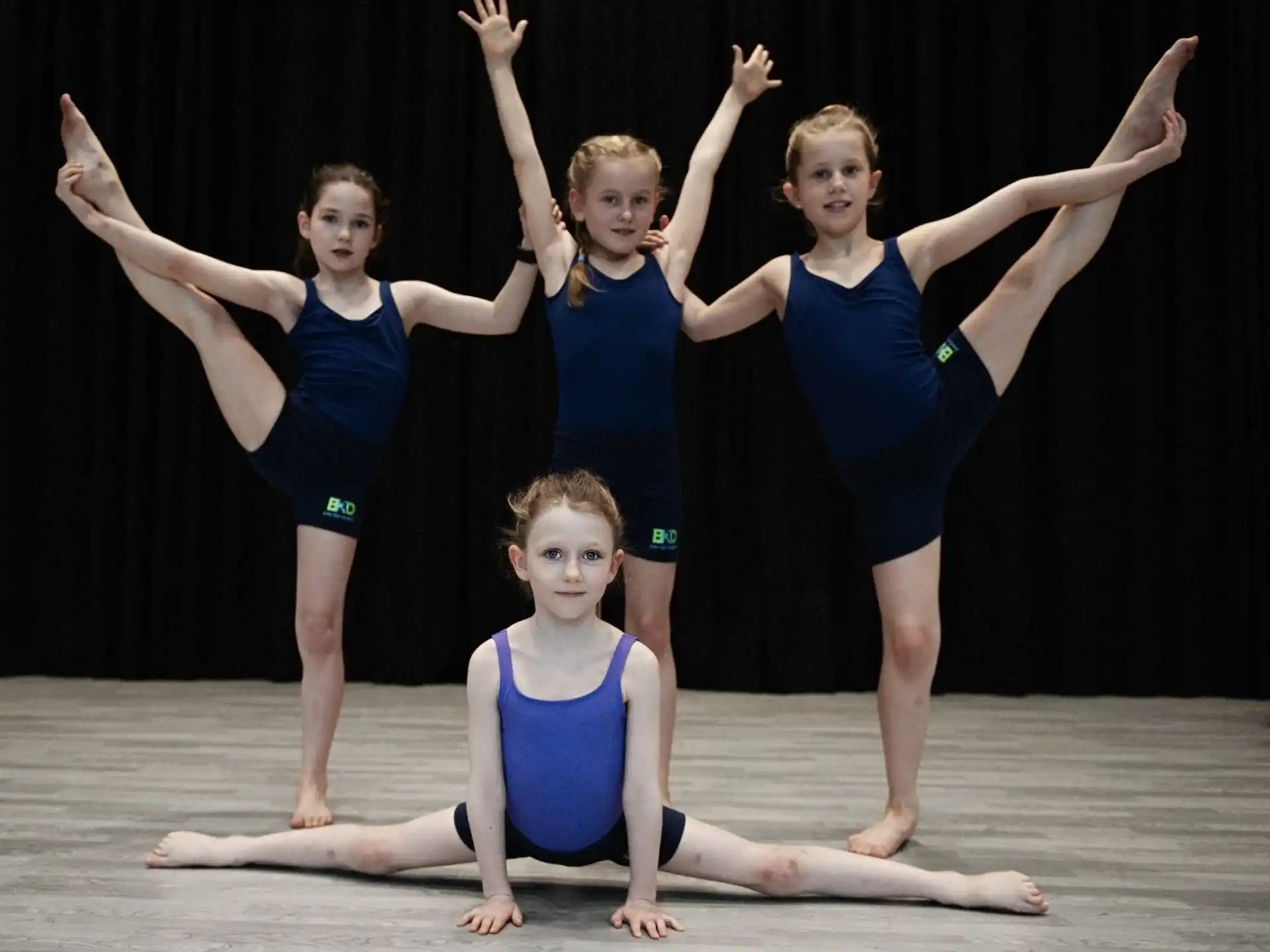 a group of girls in leotards posing for a photo