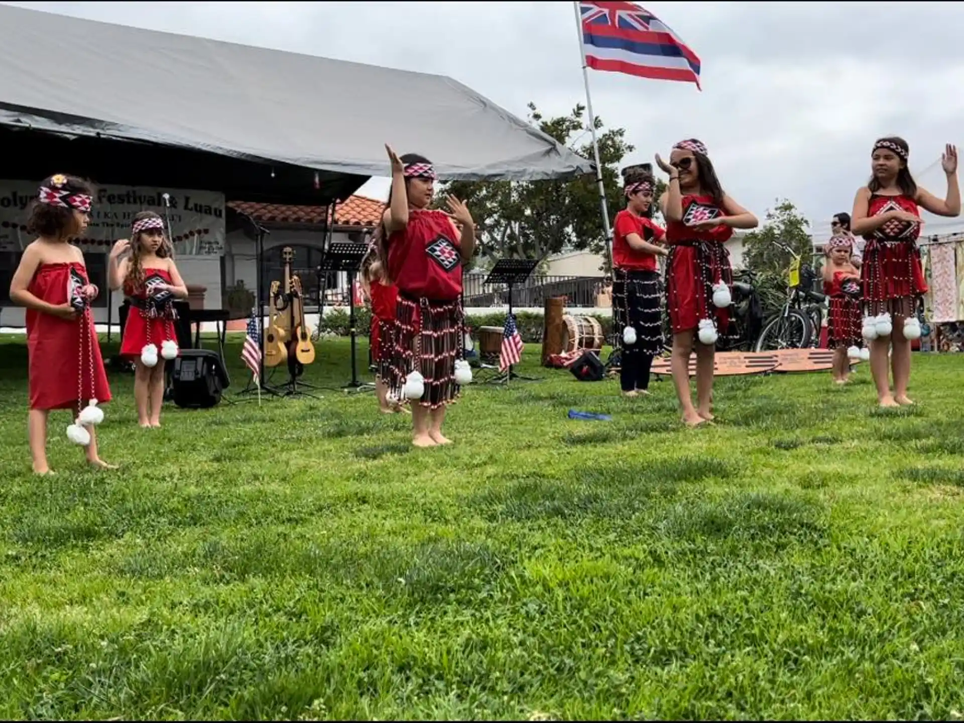 a group of people in red and black dresses dancing in a field