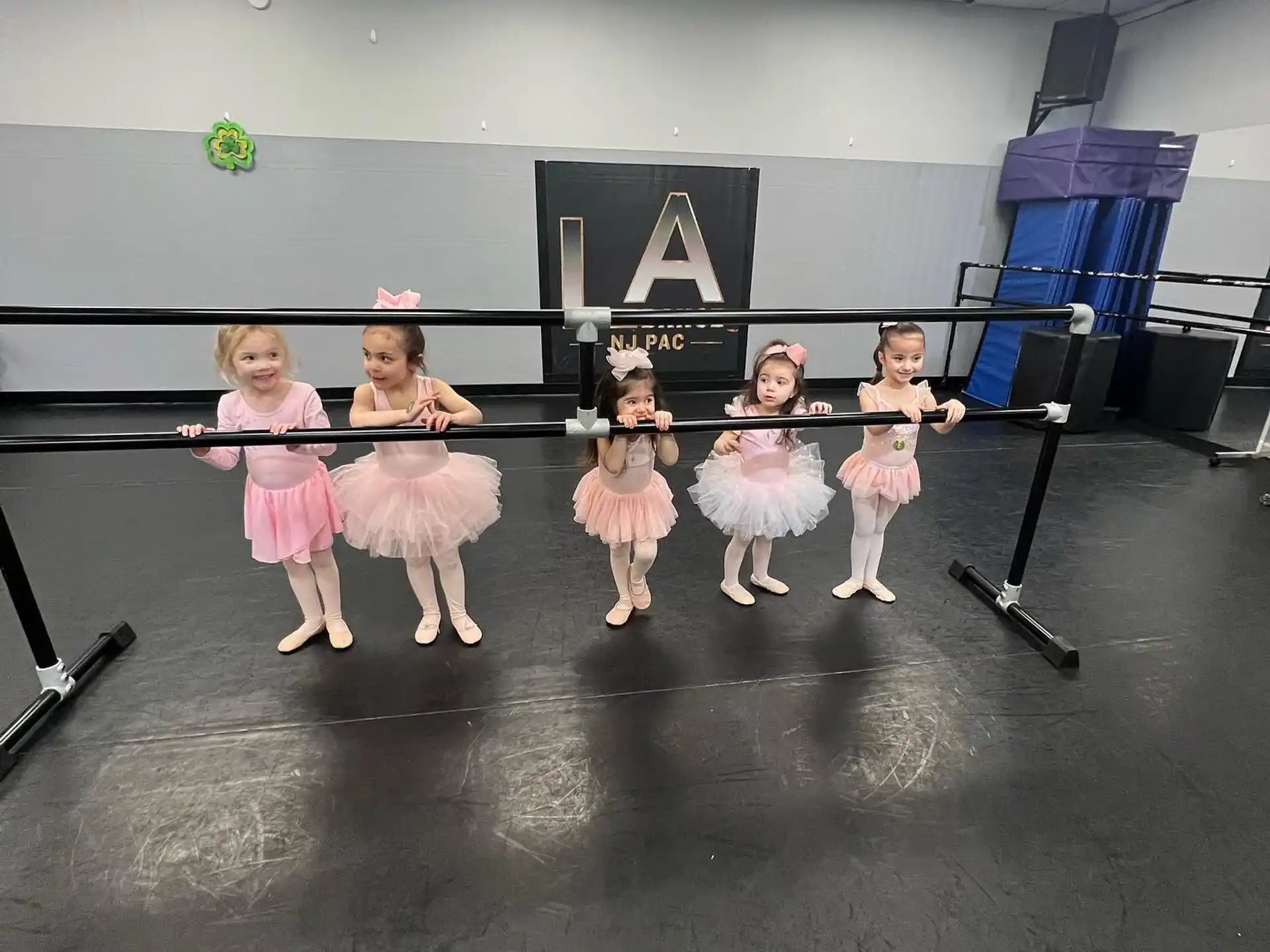 a group of girls in pink dresses on a stage