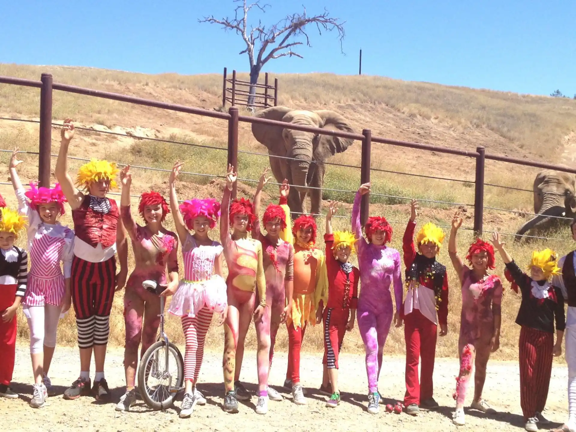 a group of people posing for a photo in front of a horse