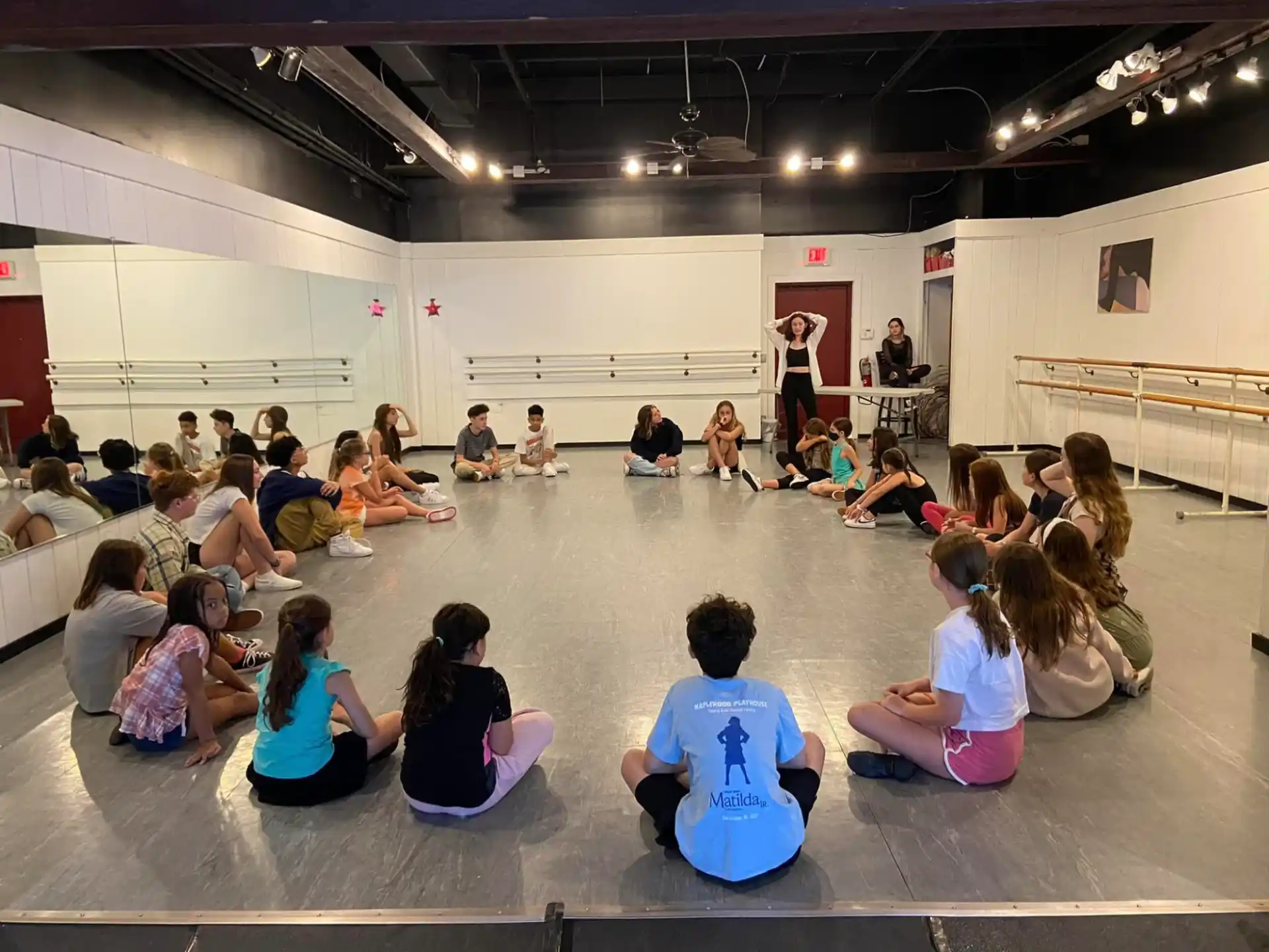a group of people sitting on the floor in a room
