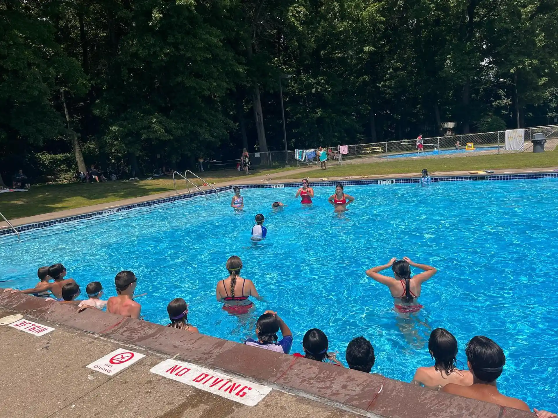 a group of people in a pool