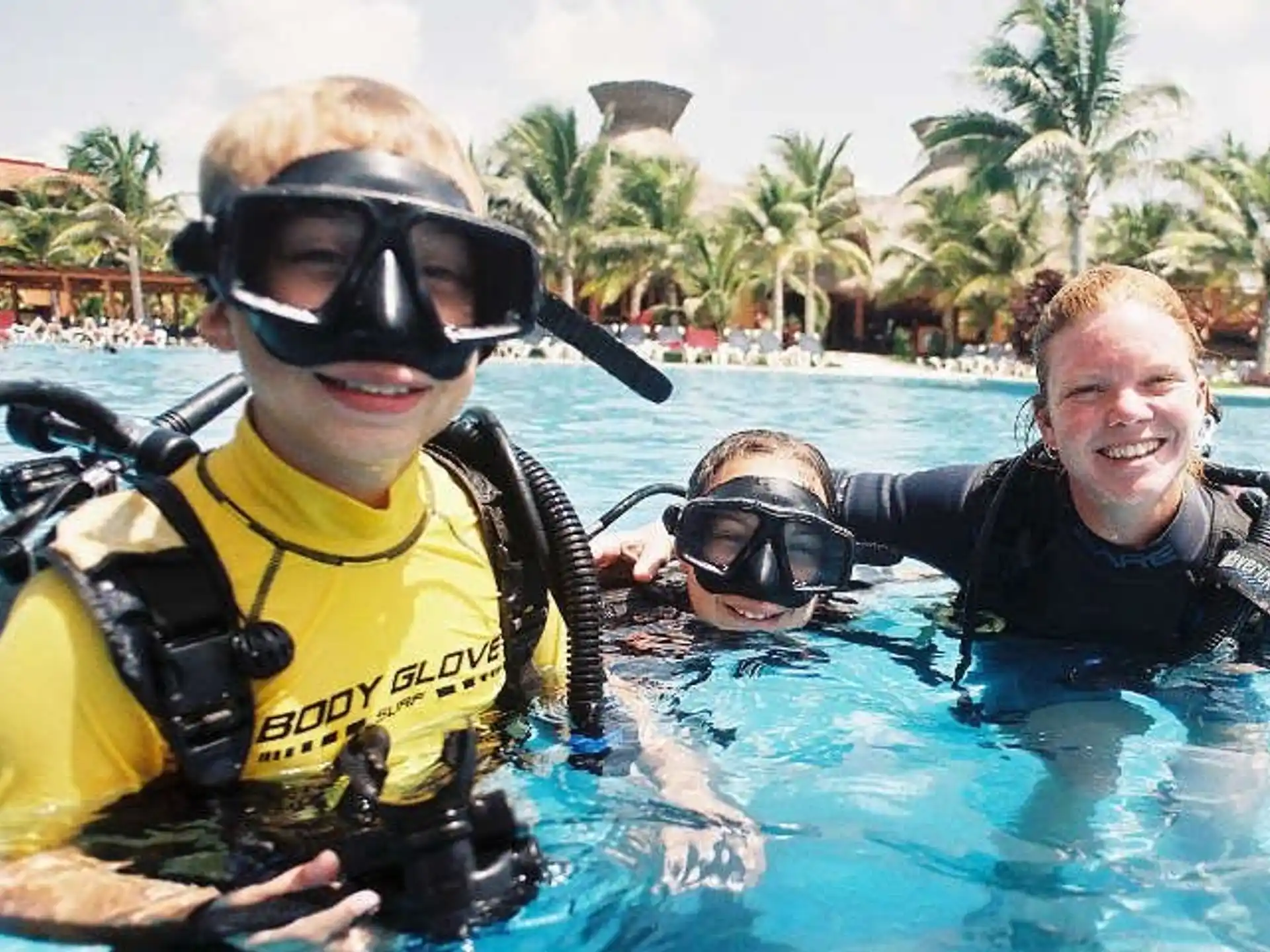 a couple of people in a pool