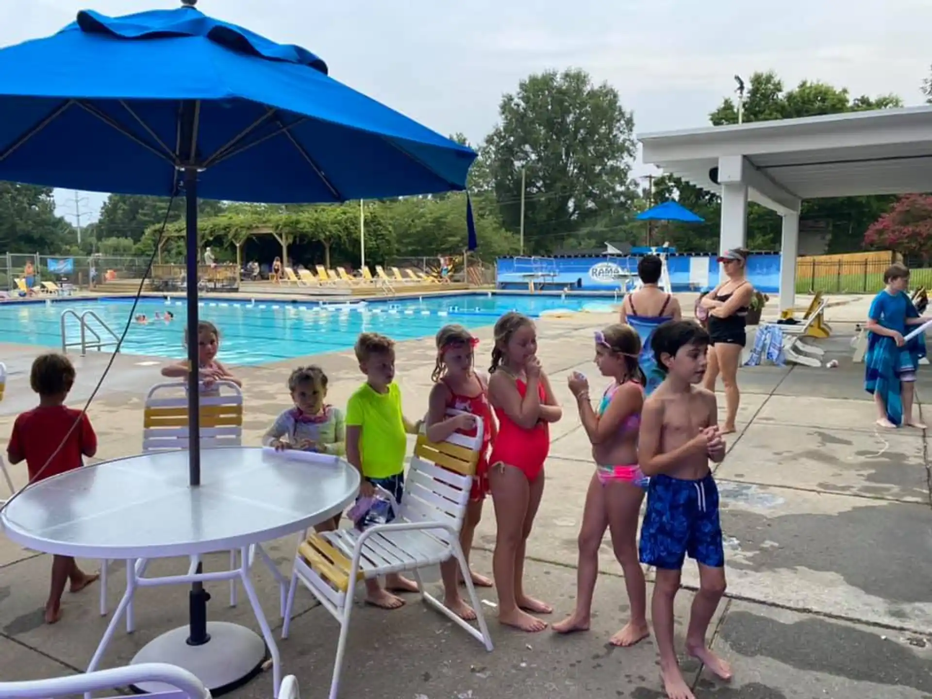 a group of people at a pool