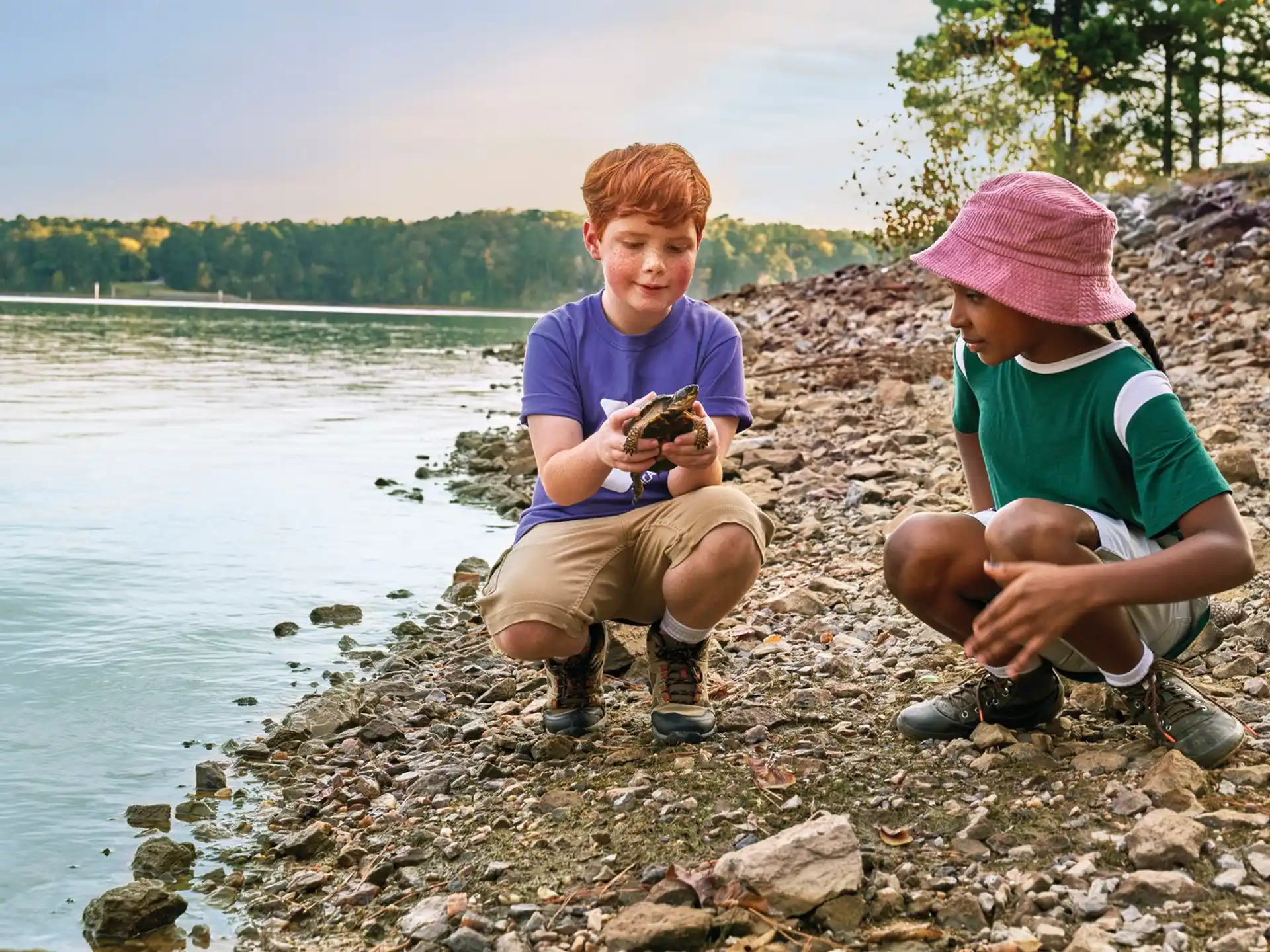 two boys sitting on rocks by a body of water