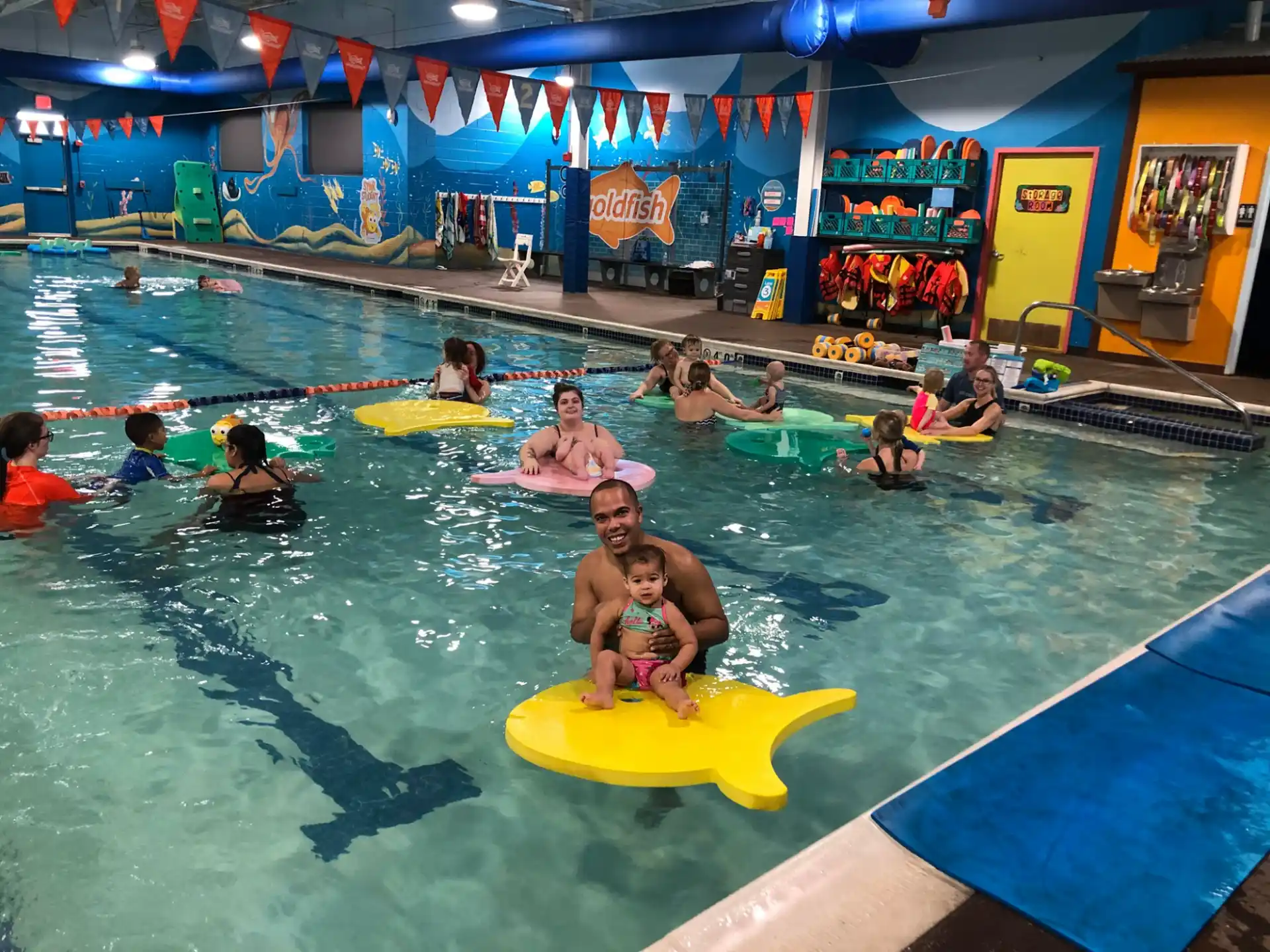 a group of people in a pool