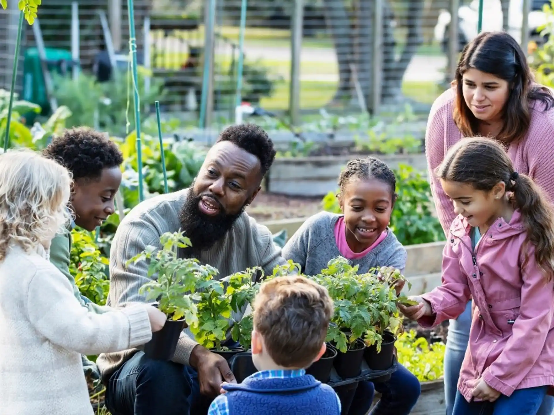 a group of people looking at a person holding a plant