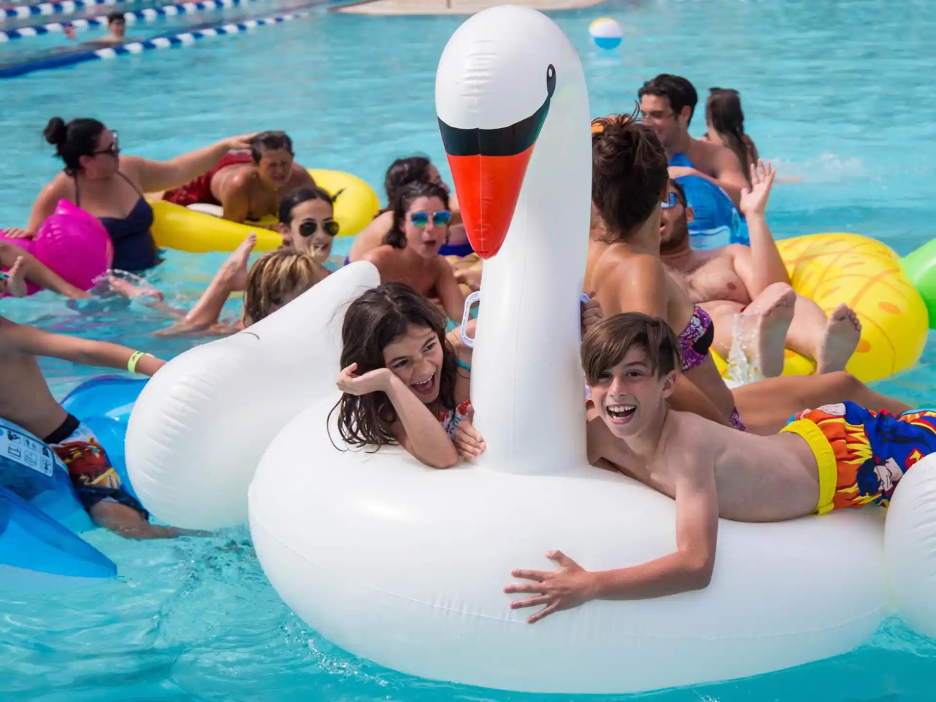 a group of people in a pool