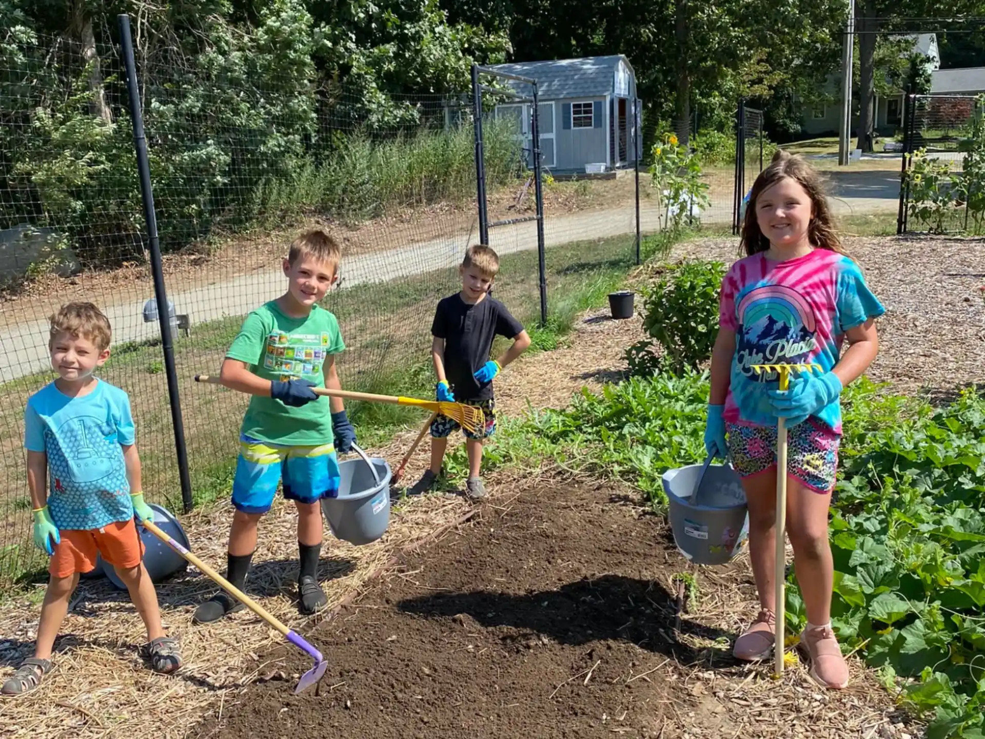 a group of children digging in the dirt