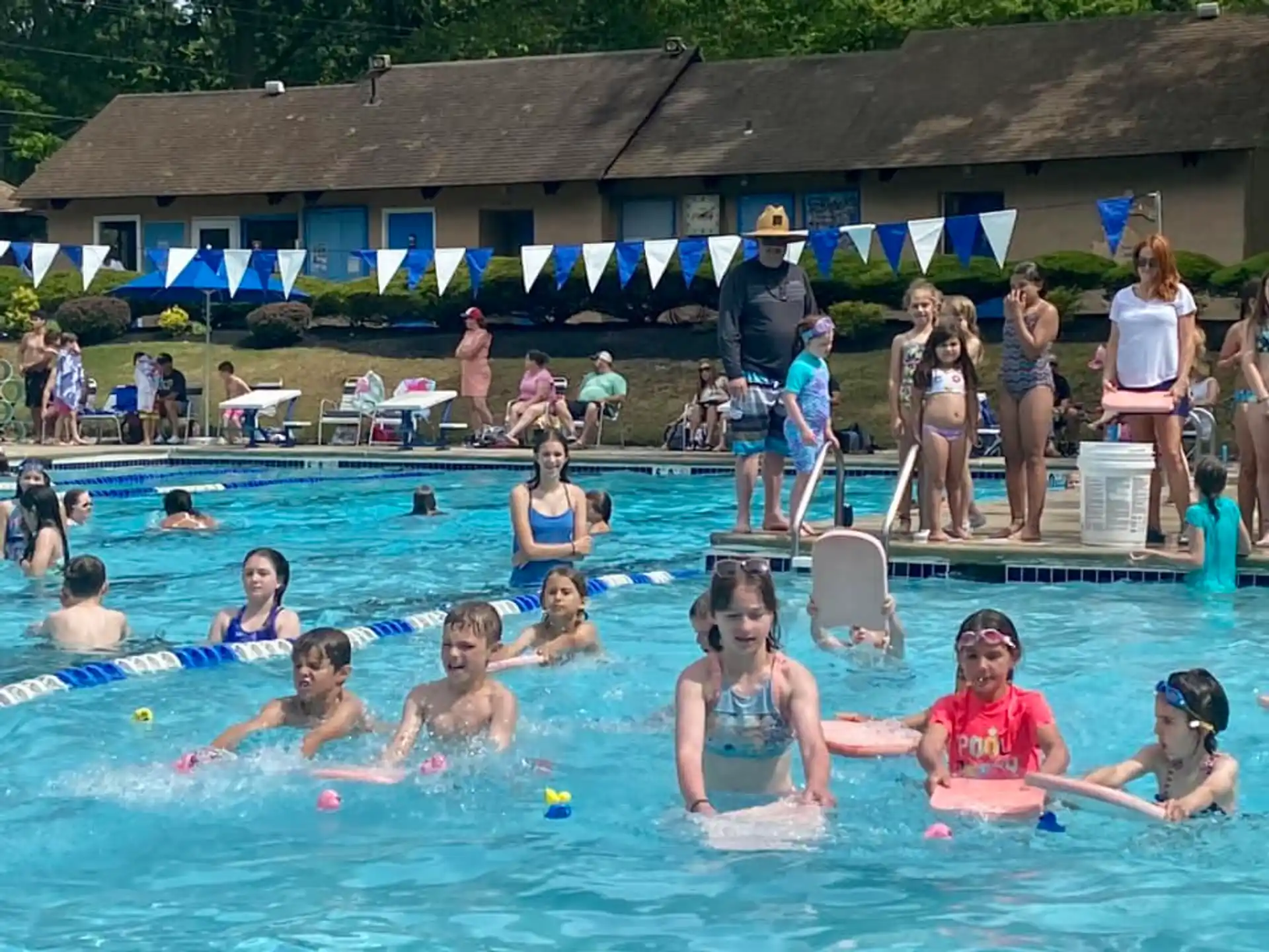 a group of people in a pool