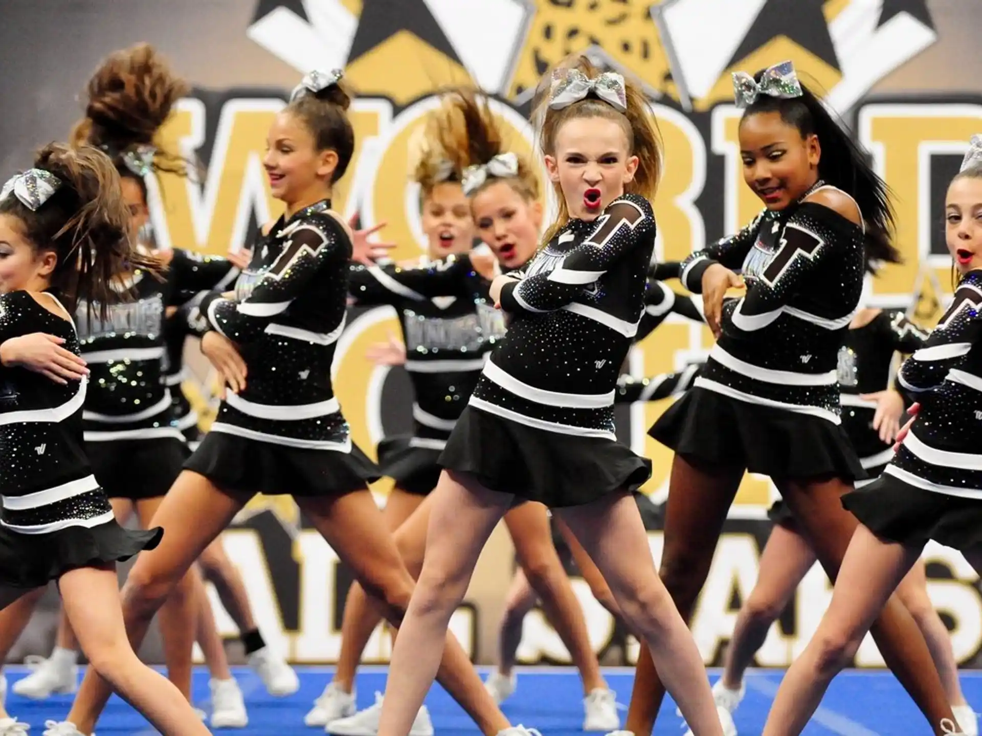 a group of women in black and white uniforms on a stage