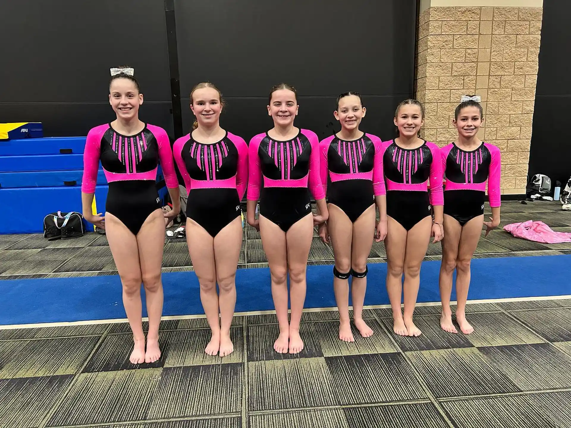 a group of women in leotards posing for a photo