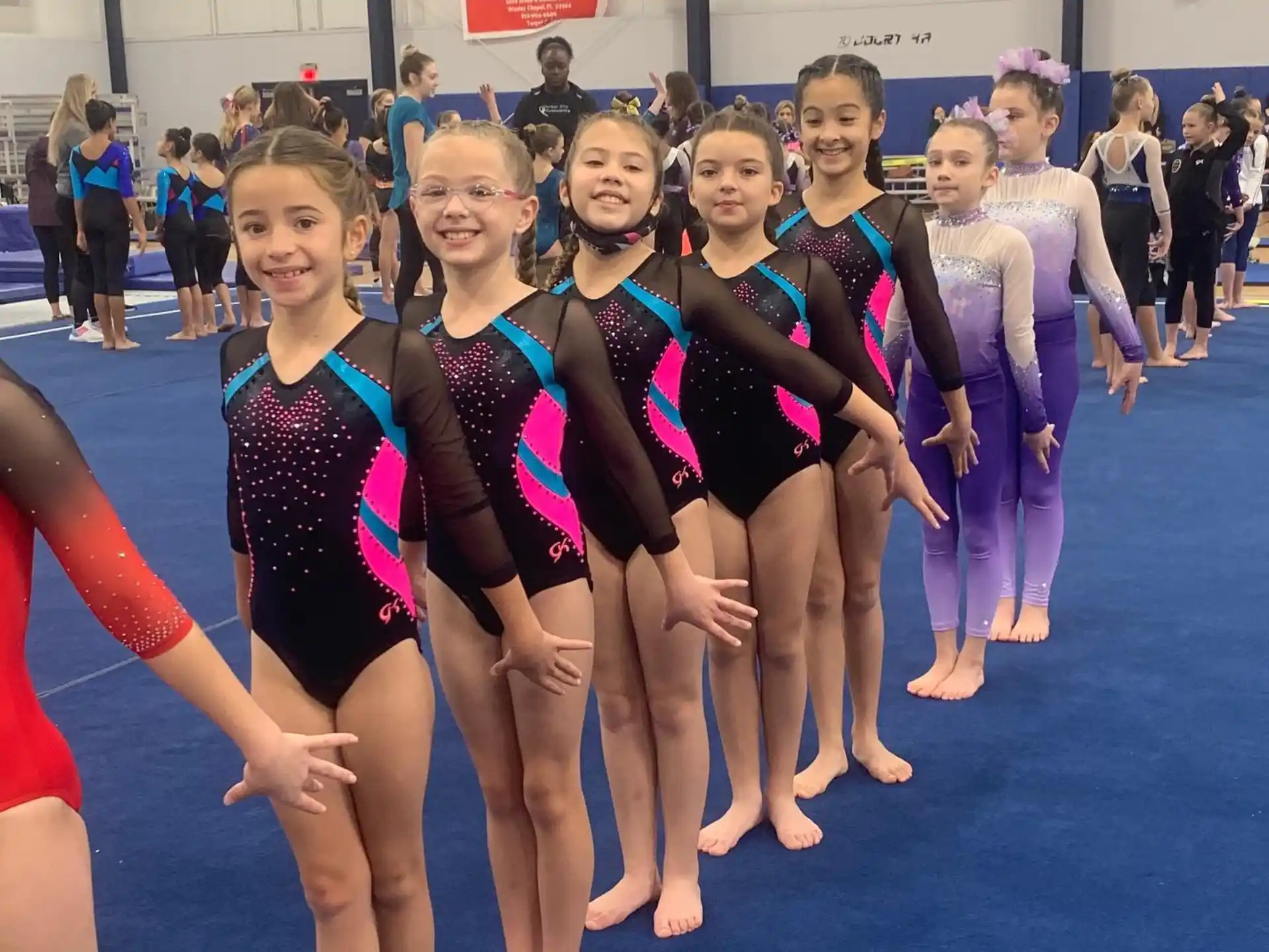 a group of women in leotards posing for a photo