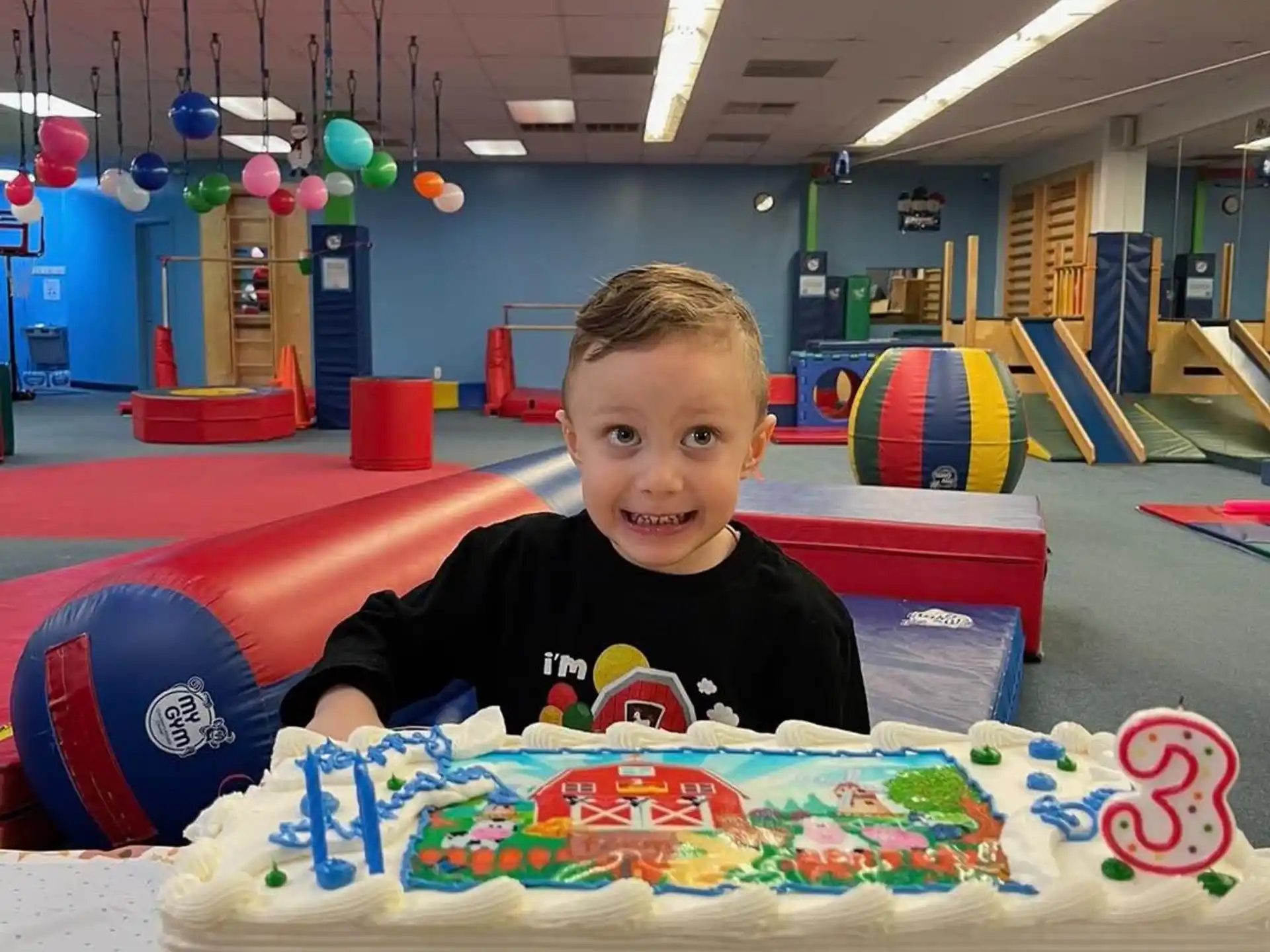 a boy sitting at a table with a birthday cake
