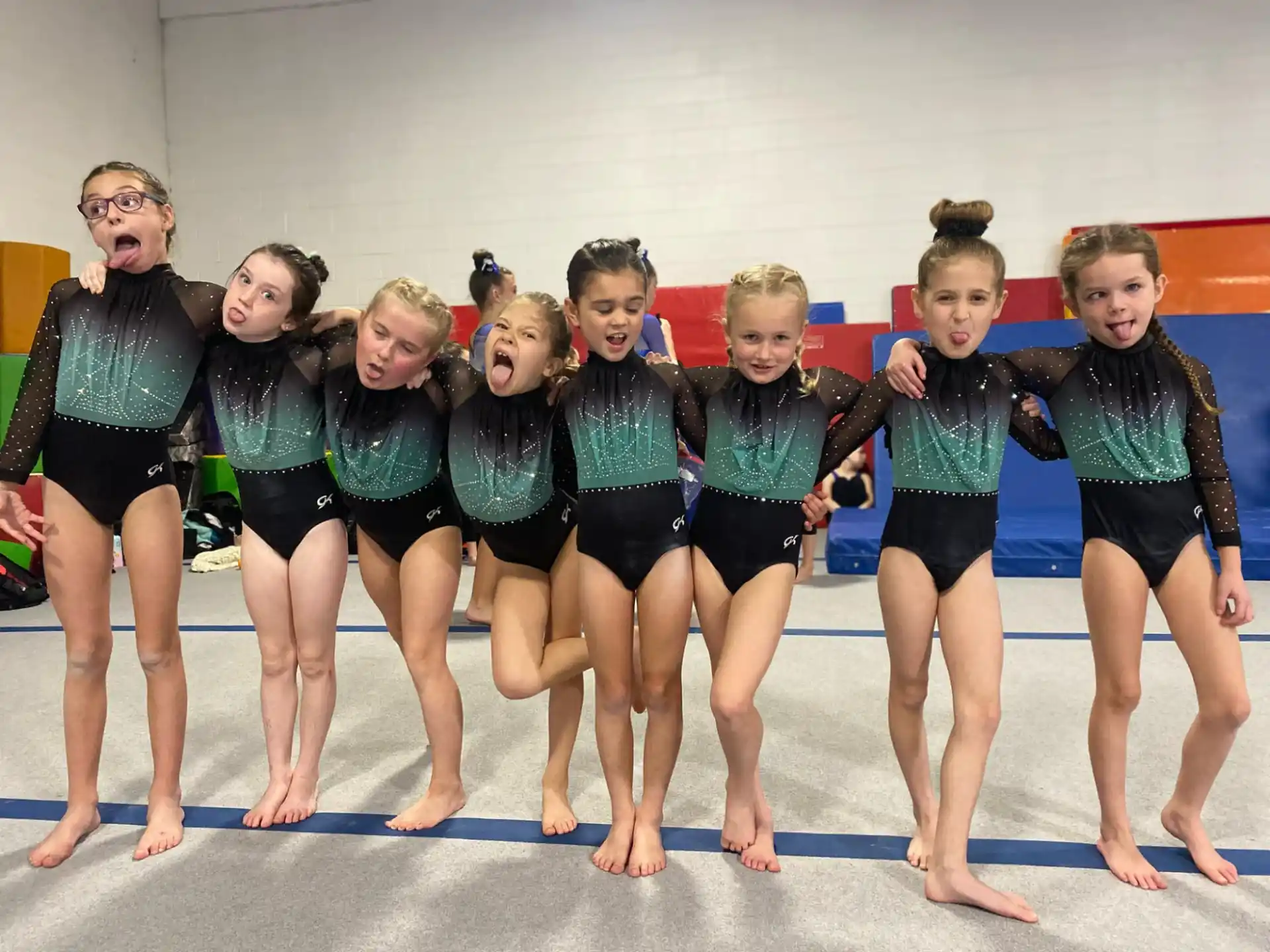 a group of girls in leotards posing for a photo