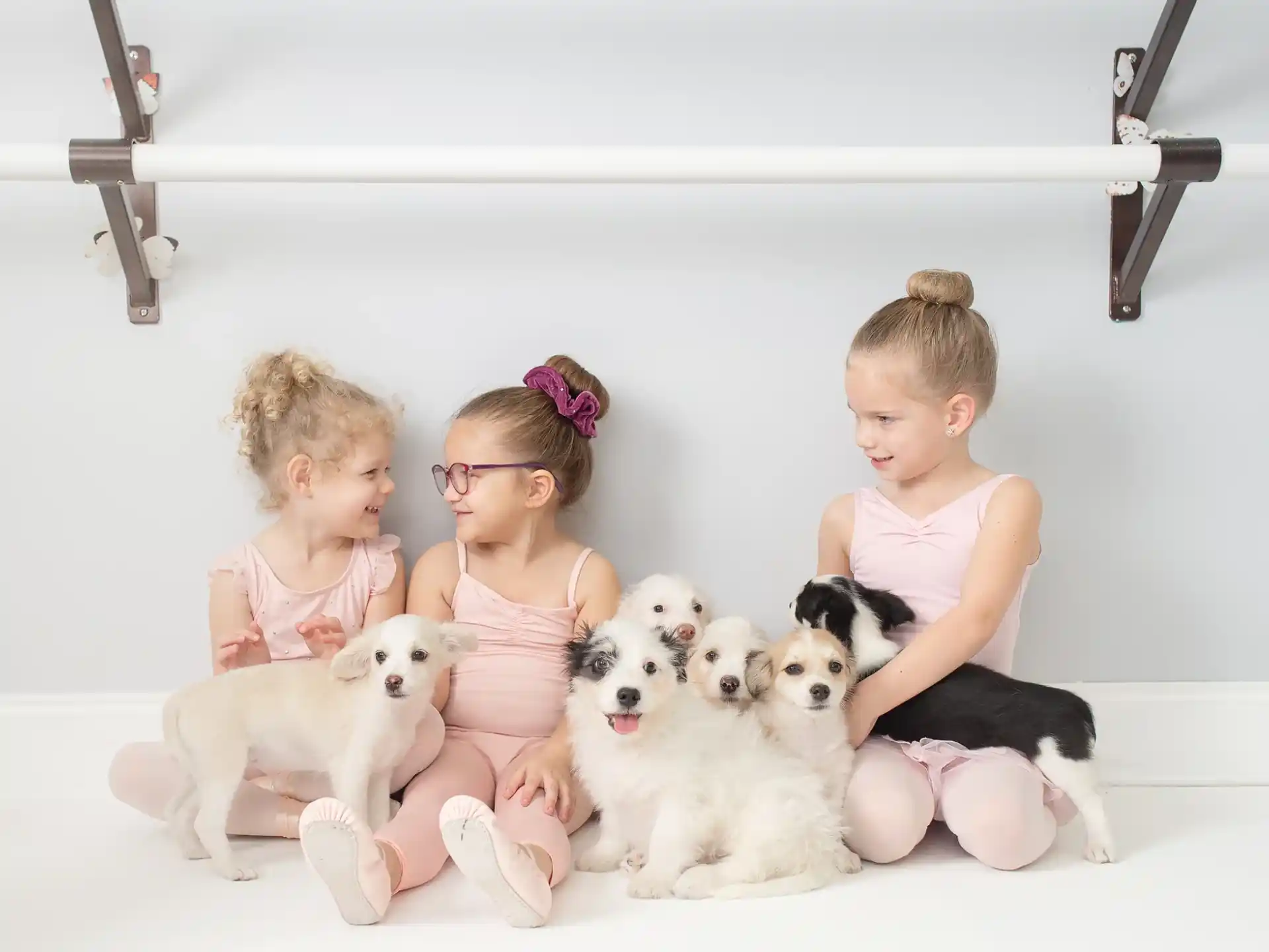 children sitting on the floor with dogs