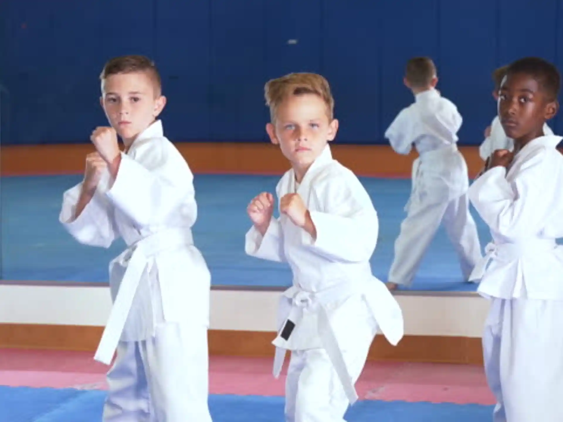a group of children in karate uniforms