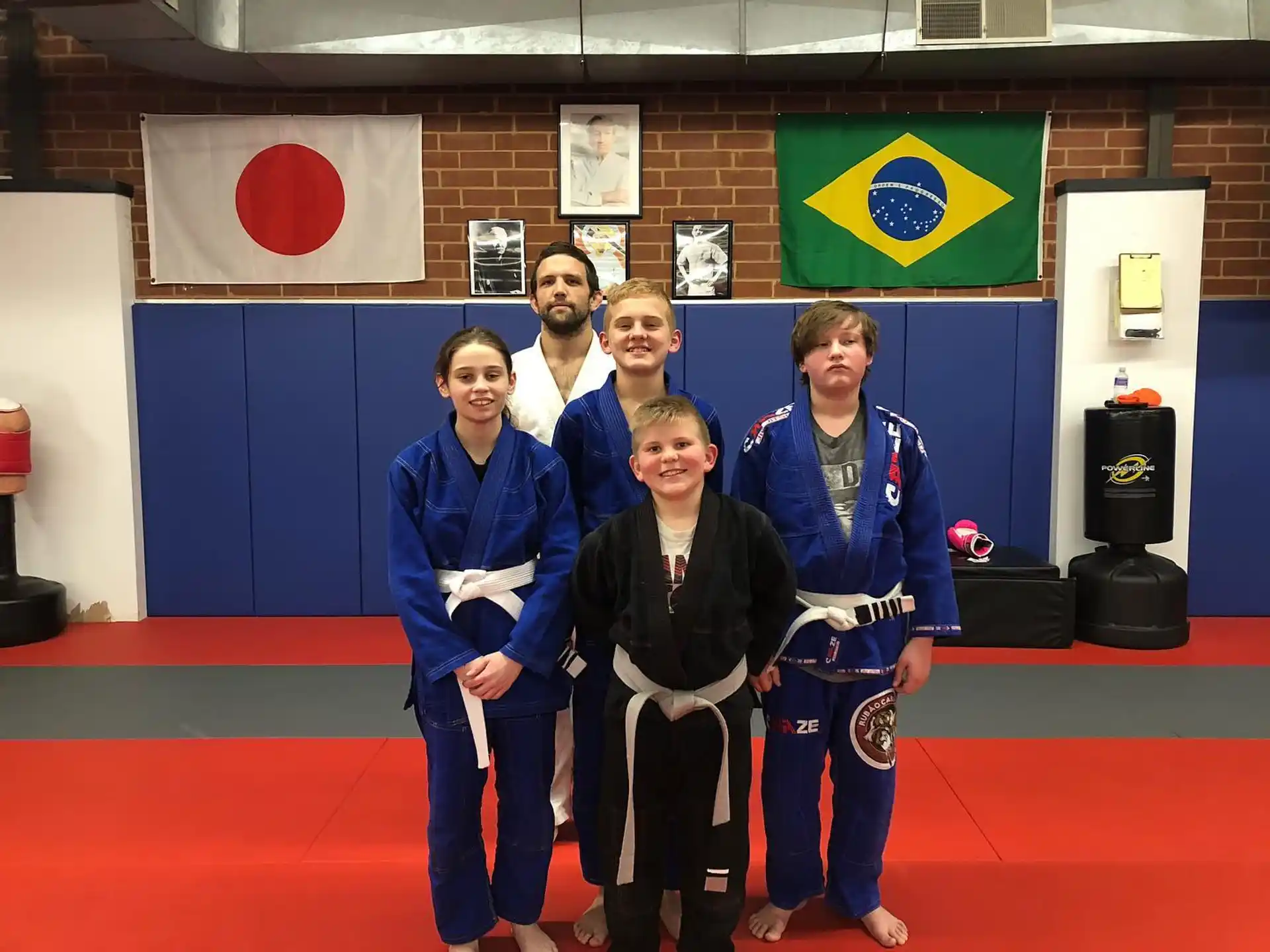 a group of people in blue suits