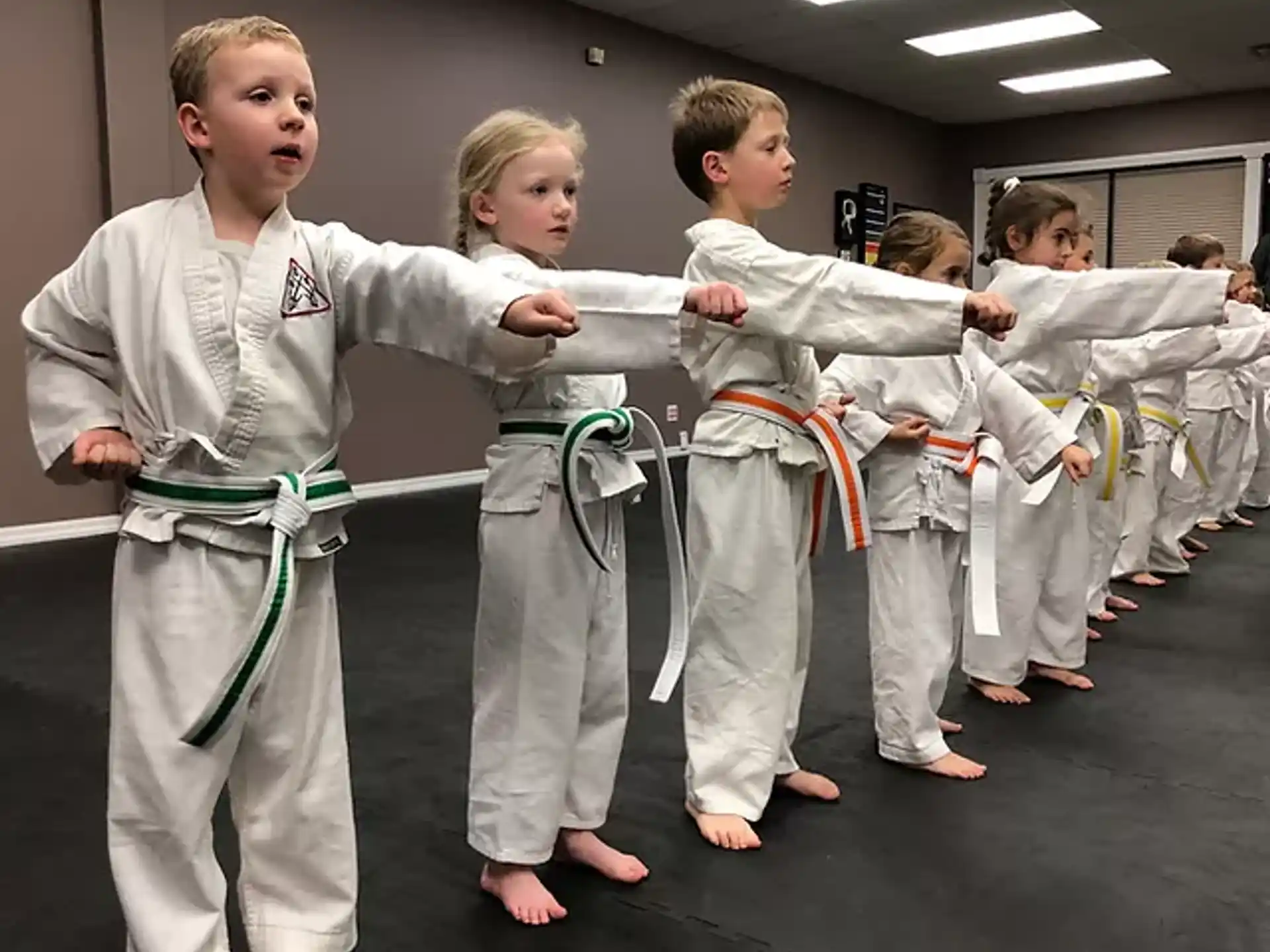 a group of children in karate uniforms