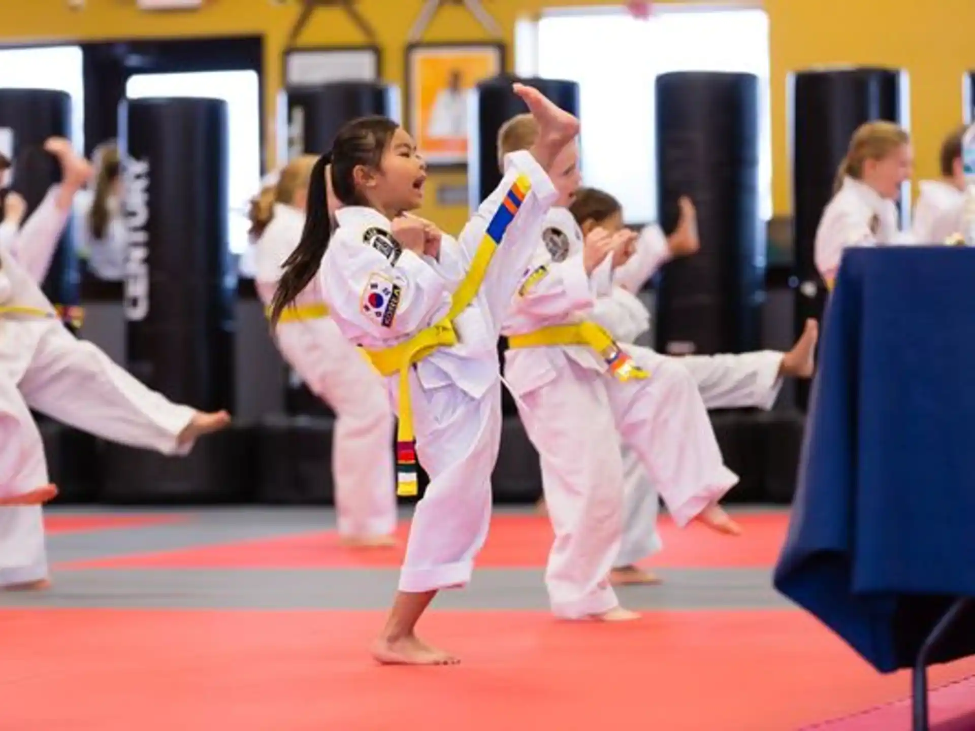 a group of children in karate uniforms