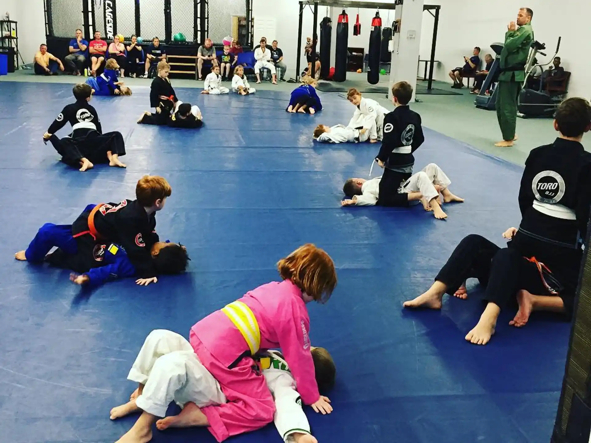 a group of people in a gym