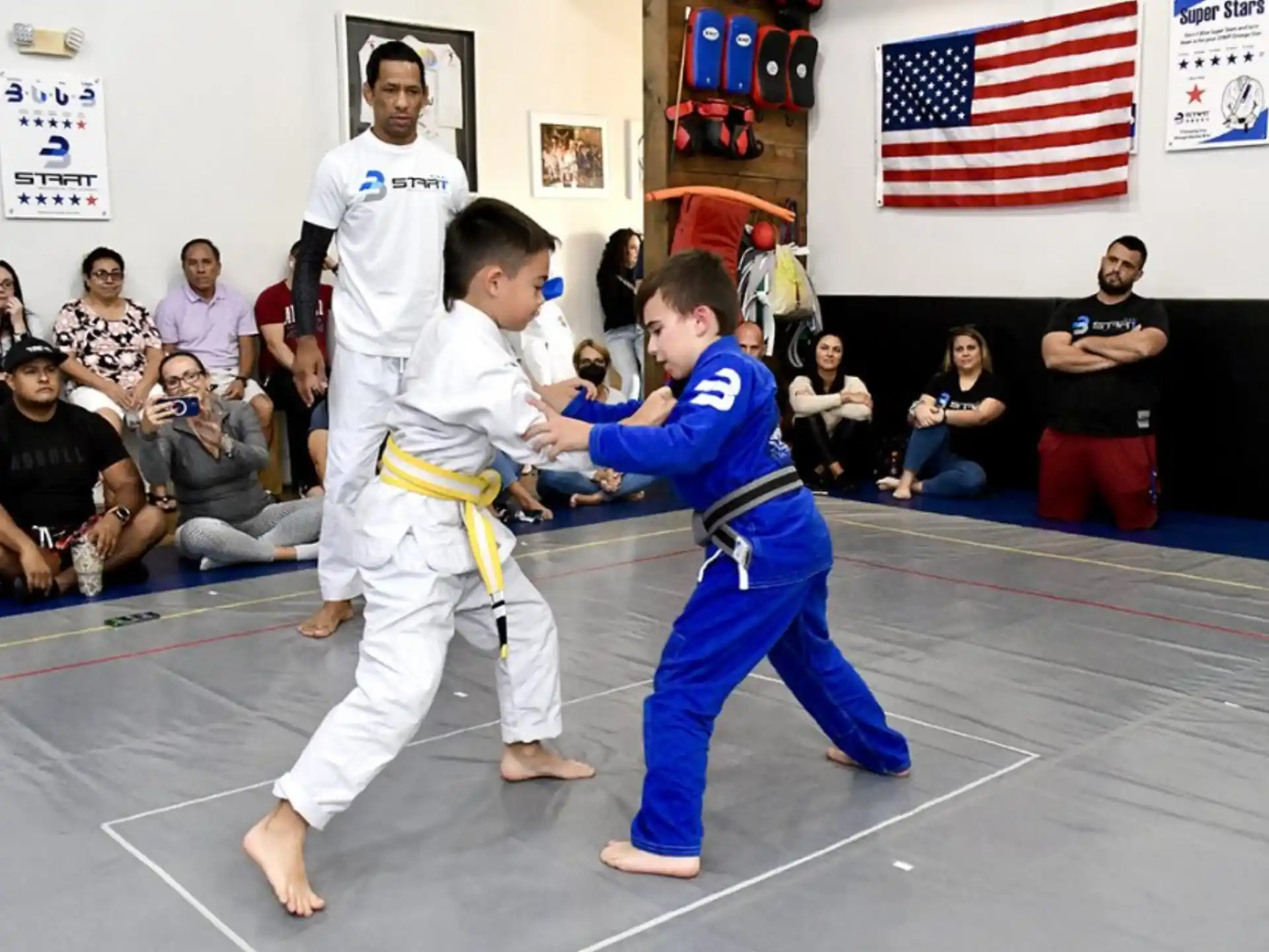 a couple of boys in karate uniforms