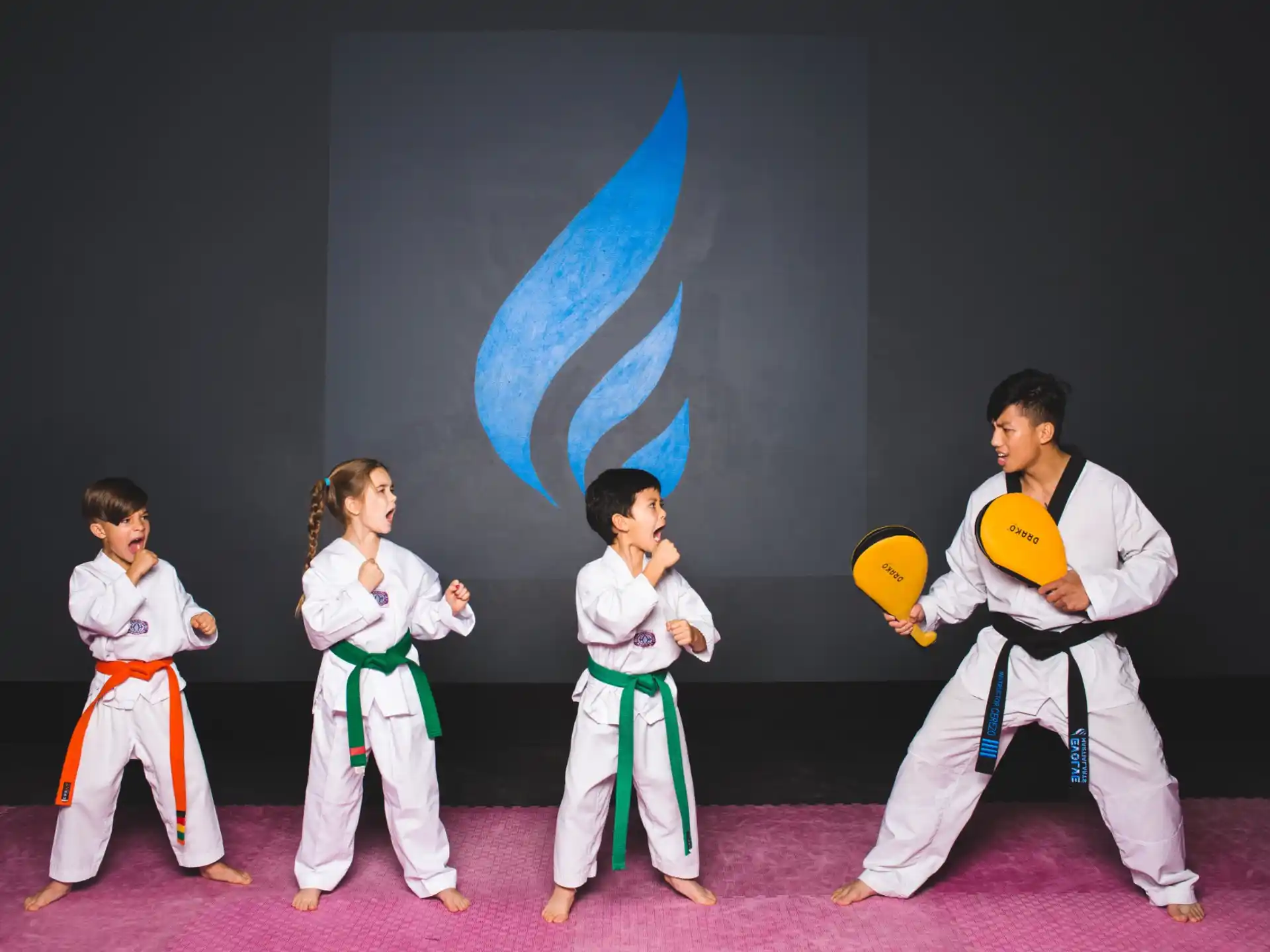 a group of kids in karate uniforms