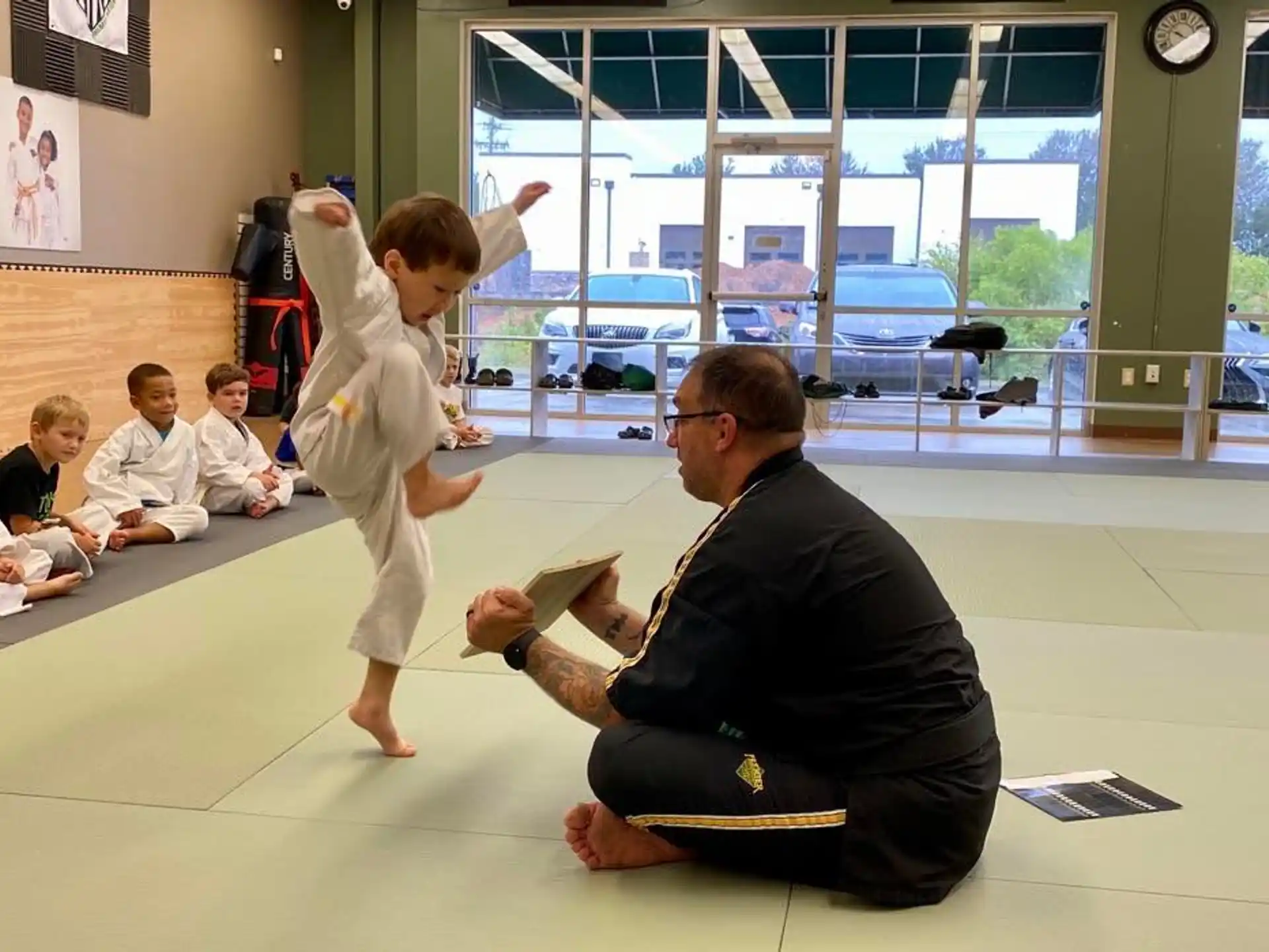 a person and a boy practicing karate