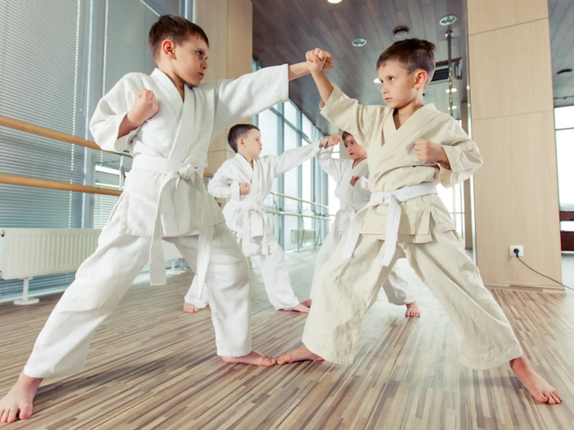 a group of boys in karate uniforms