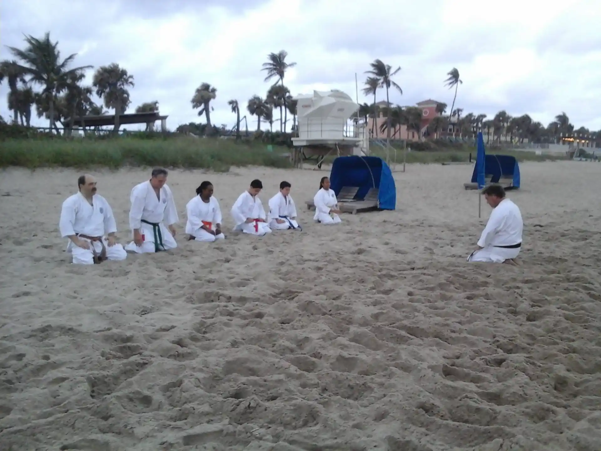 a group of people sitting on a beach