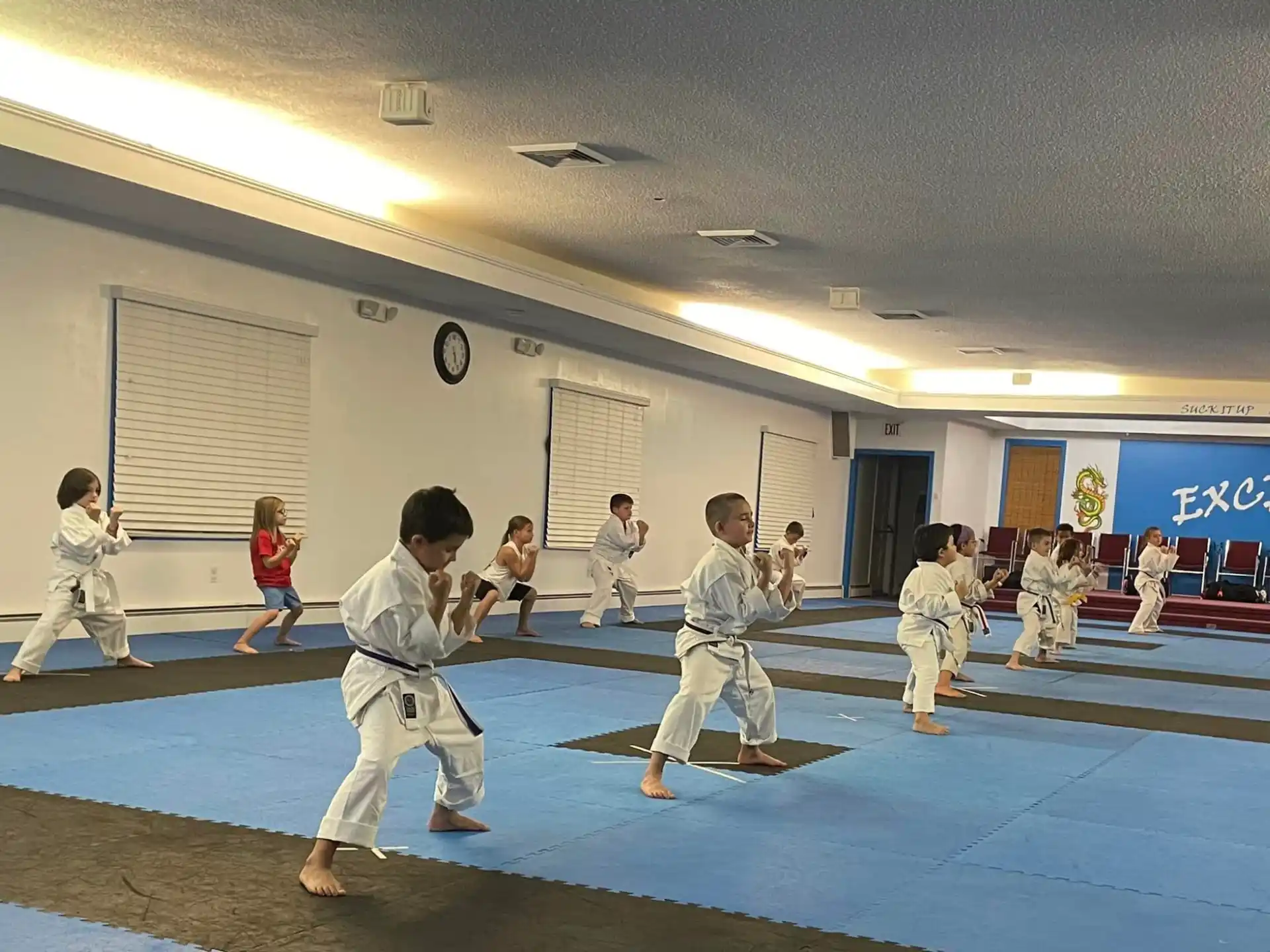 a group of children in karate uniforms