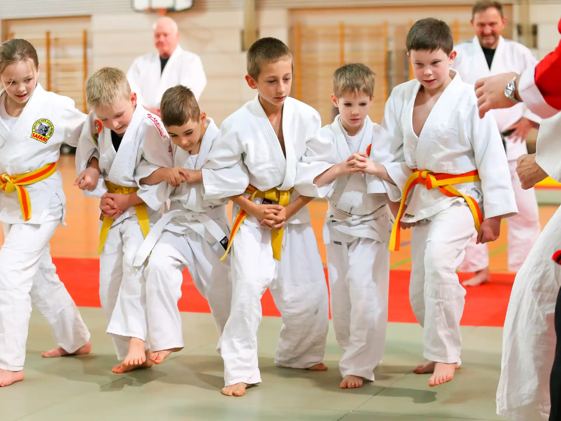 a group of boys in karate uniforms