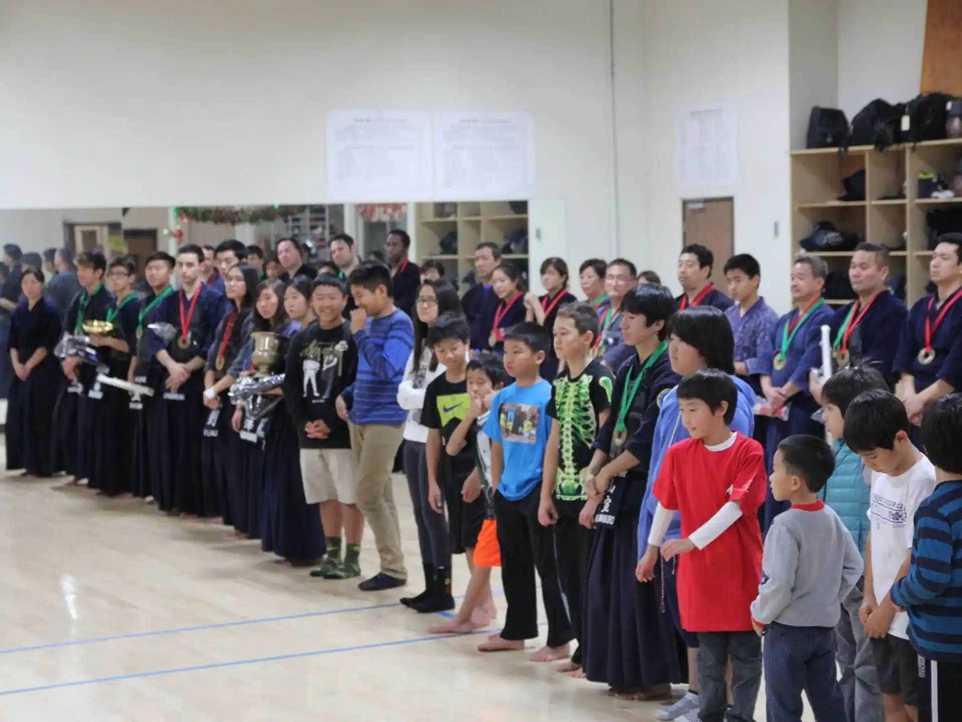 a group of people standing in a room