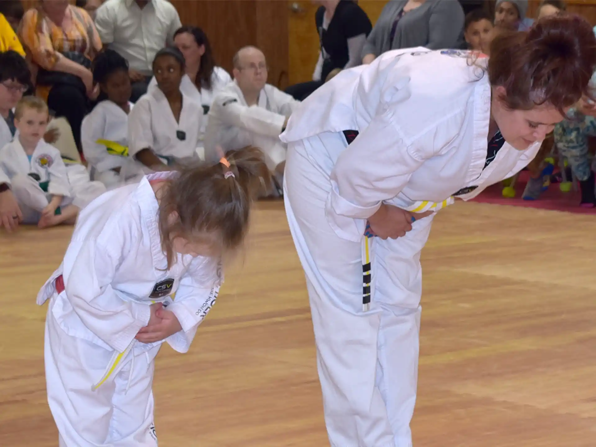 a couple of girls in karate uniforms