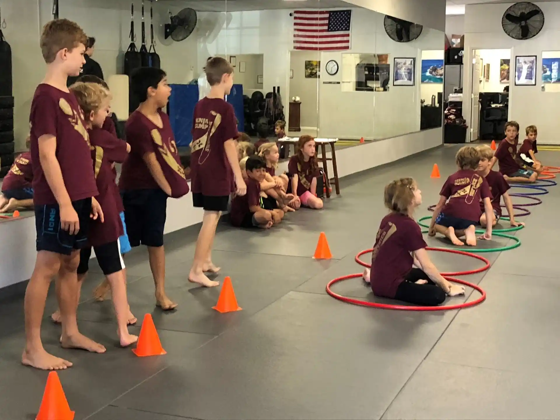 a group of people in a gym