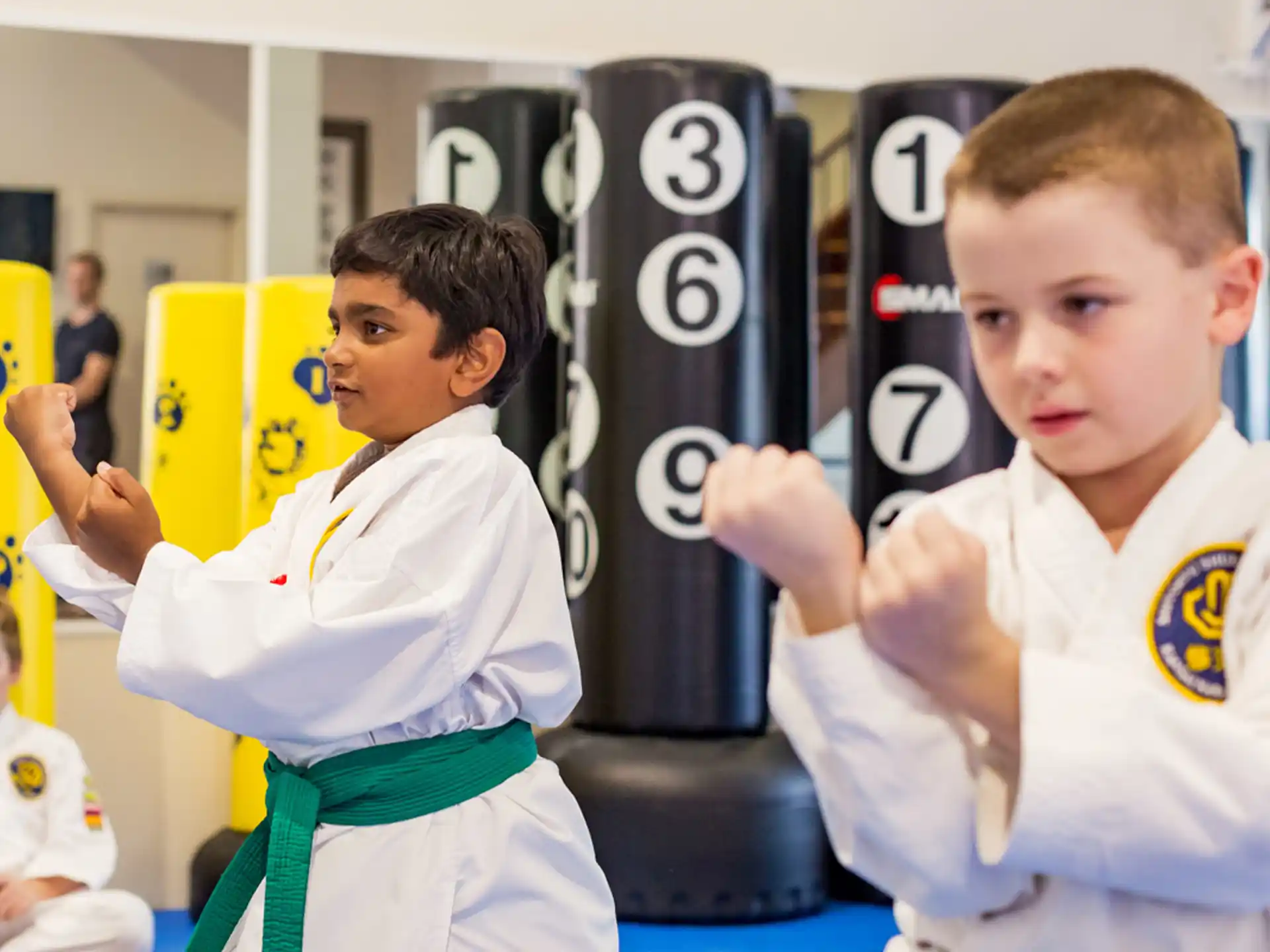 a couple of boys in karate uniforms