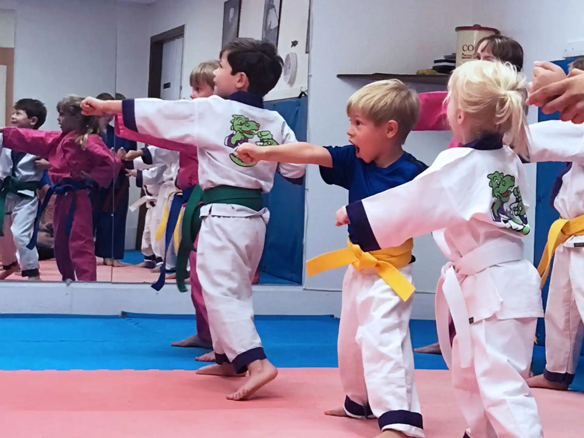 a group of children in karate uniforms