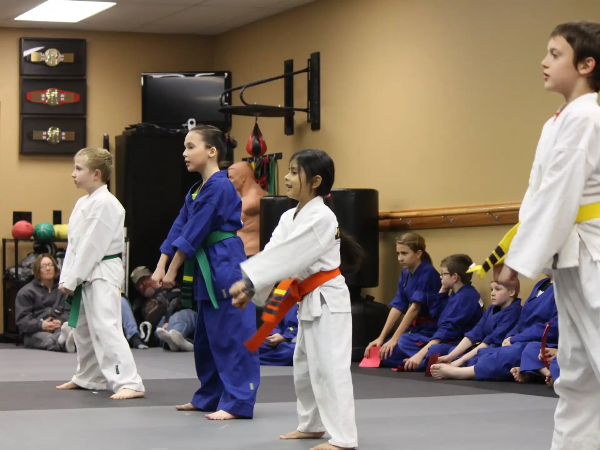 a group of children in karate uniforms
