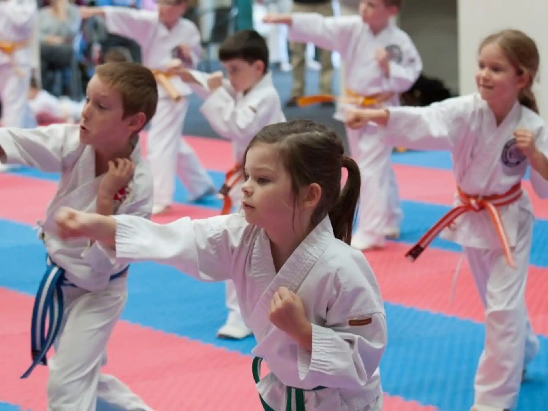 a group of children in karate uniforms
