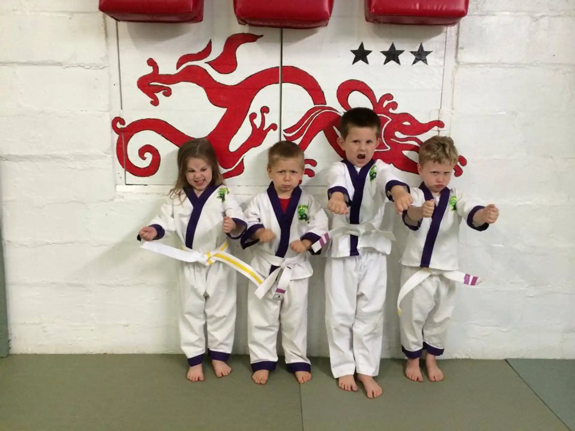 a group of children in karate uniforms