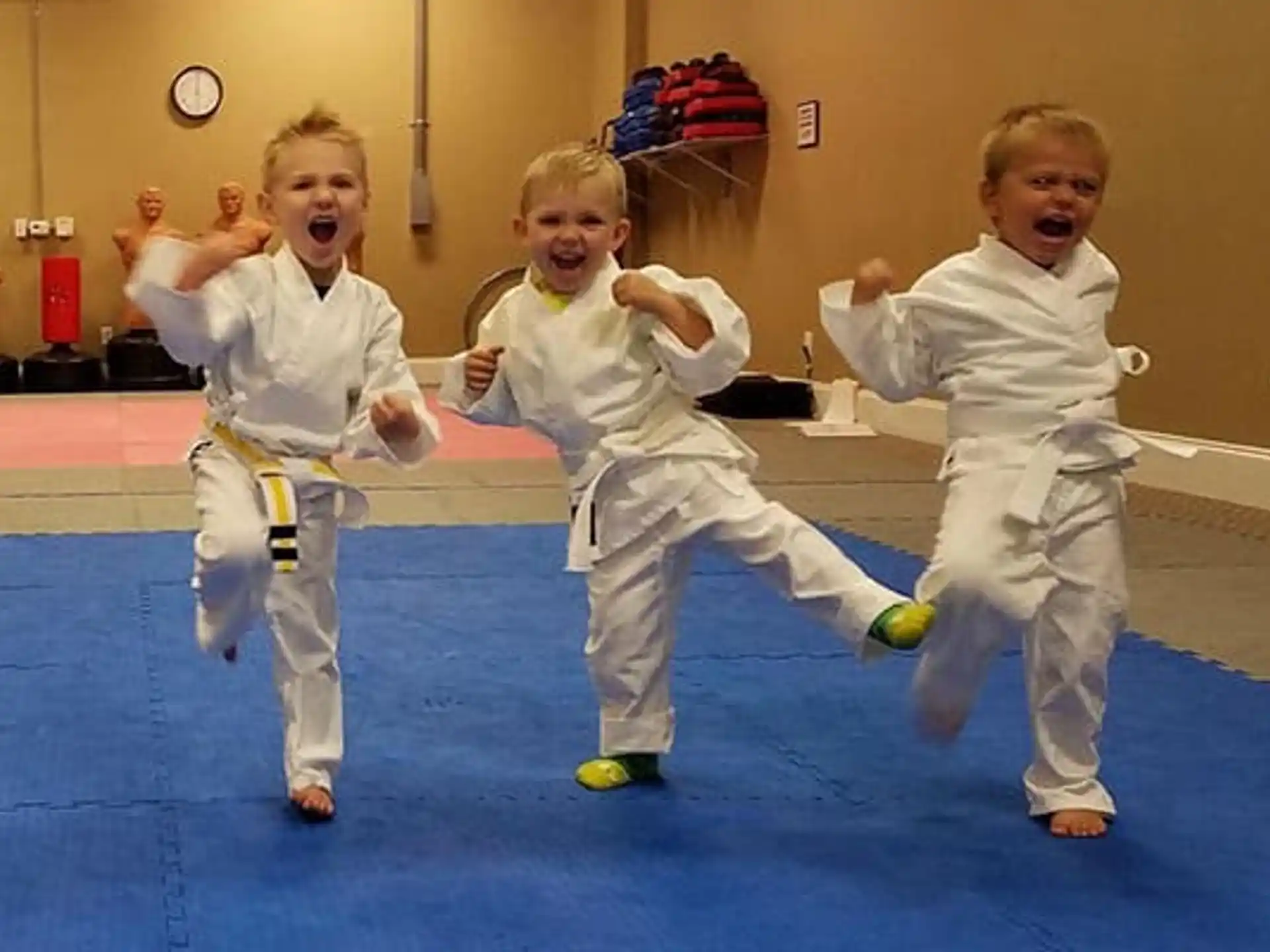 a group of kids in karate uniforms