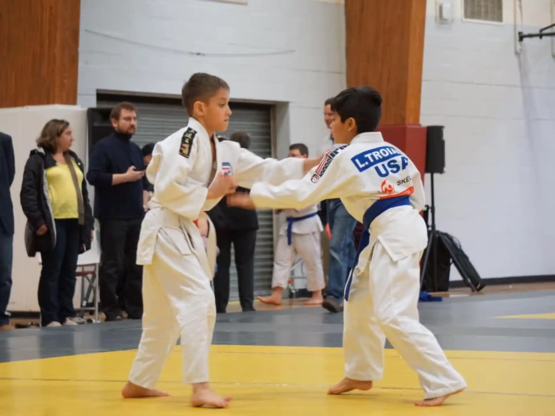 a couple of boys in karate uniforms
