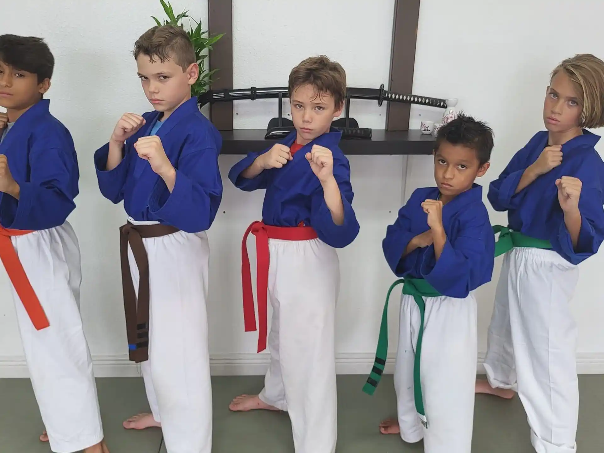 a group of kids in blue karate uniforms