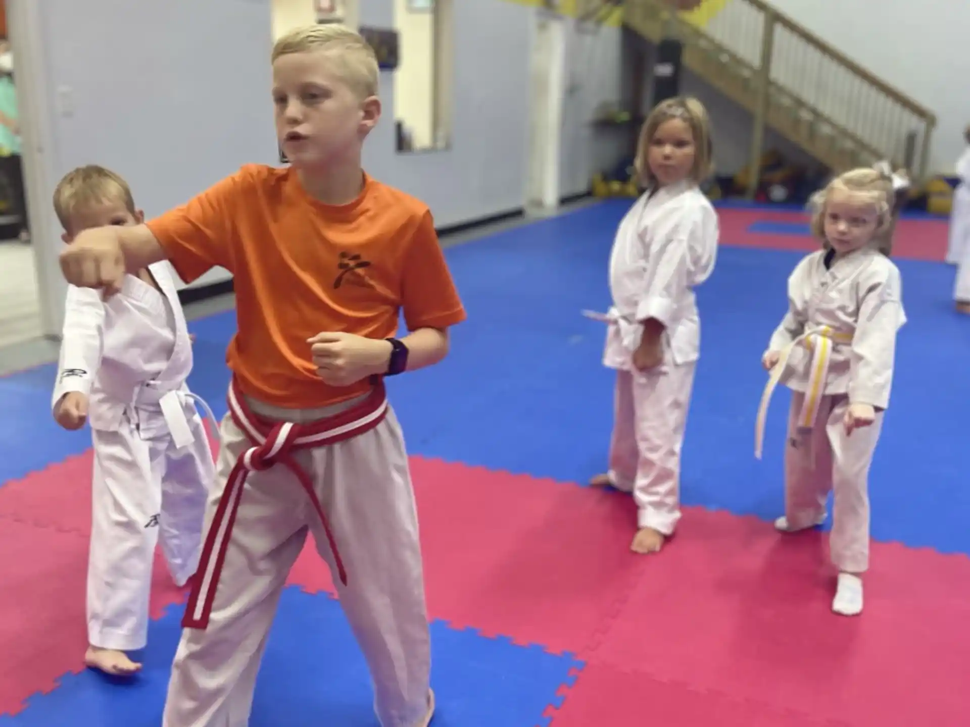 a group of children in karate uniforms