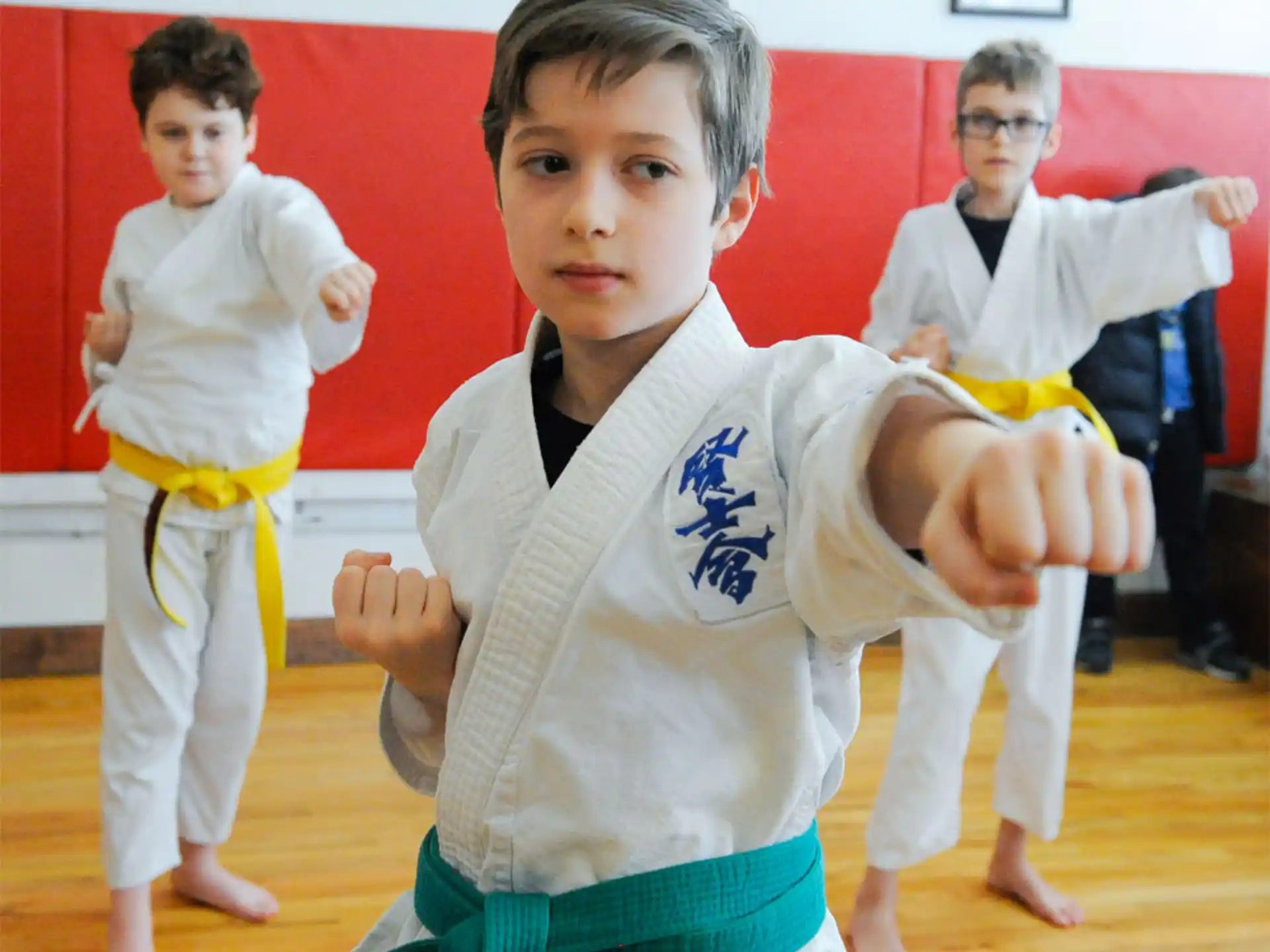 a group of boys in karate uniforms