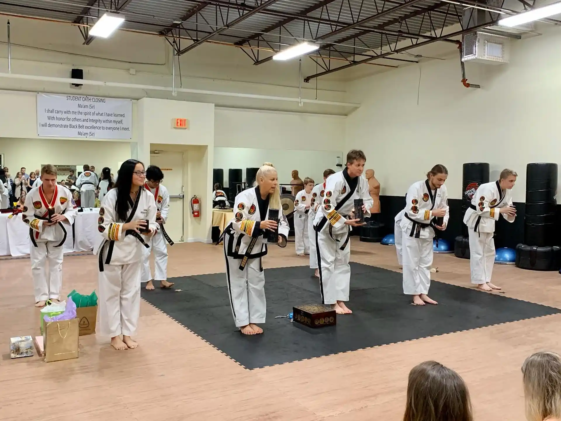 a group of people performing in a room