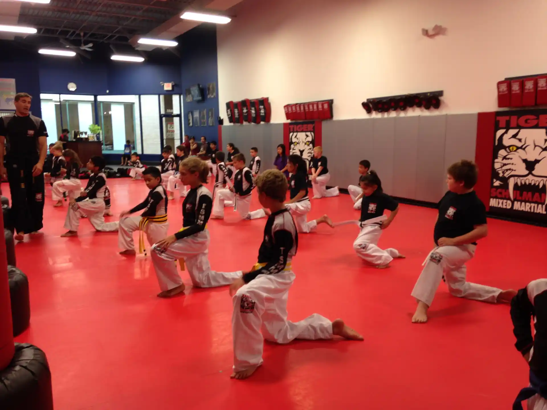 a group of kids in a karate class