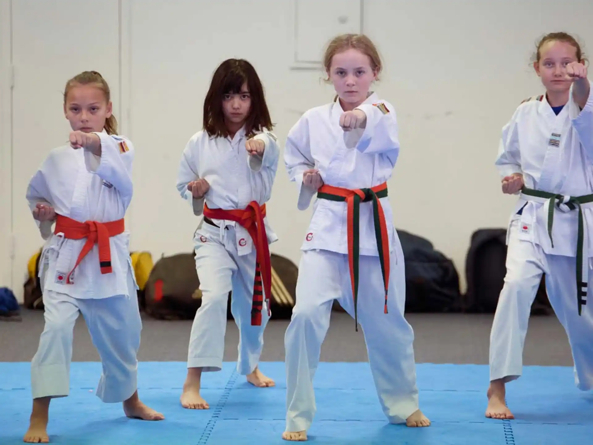a group of children in karate uniforms